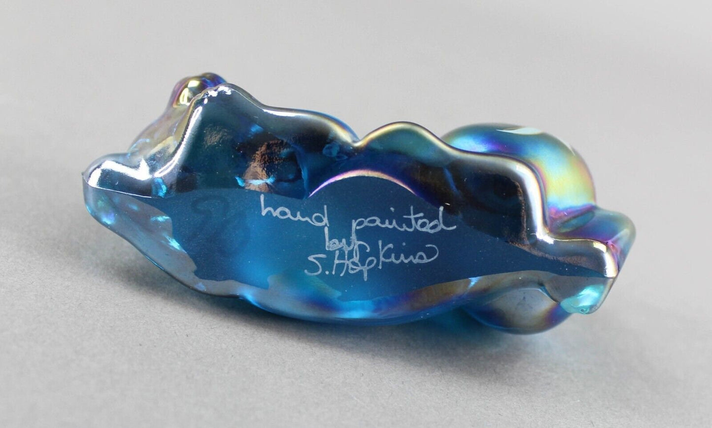 Fenton S. Hopkins Hand Painted Floral Blue Carnival Glass Pouncing Cat Figurine