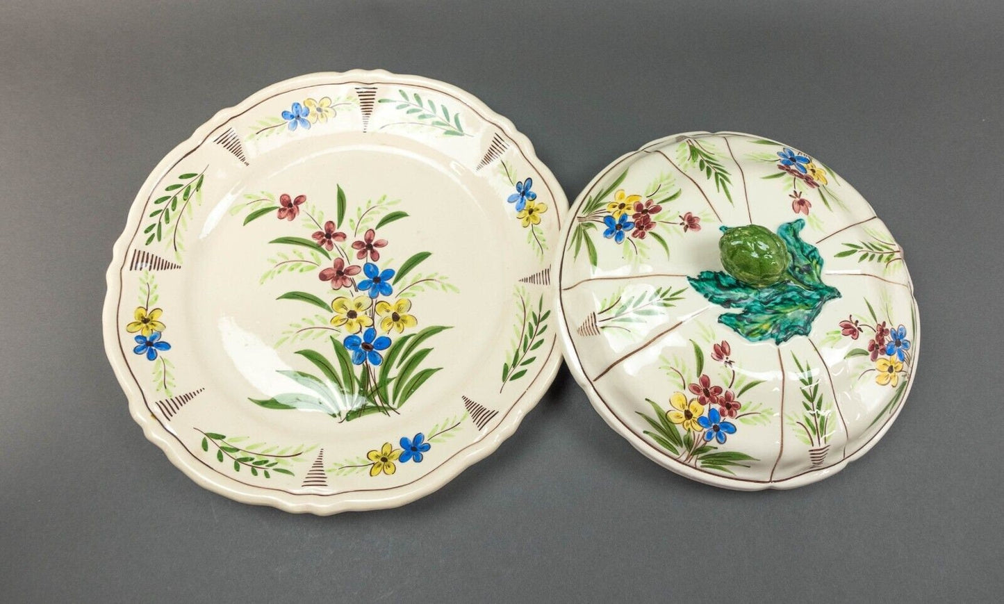 Vallauris French Fait Main Floral Artichocke Lidded Serving Platter Tray Pottery