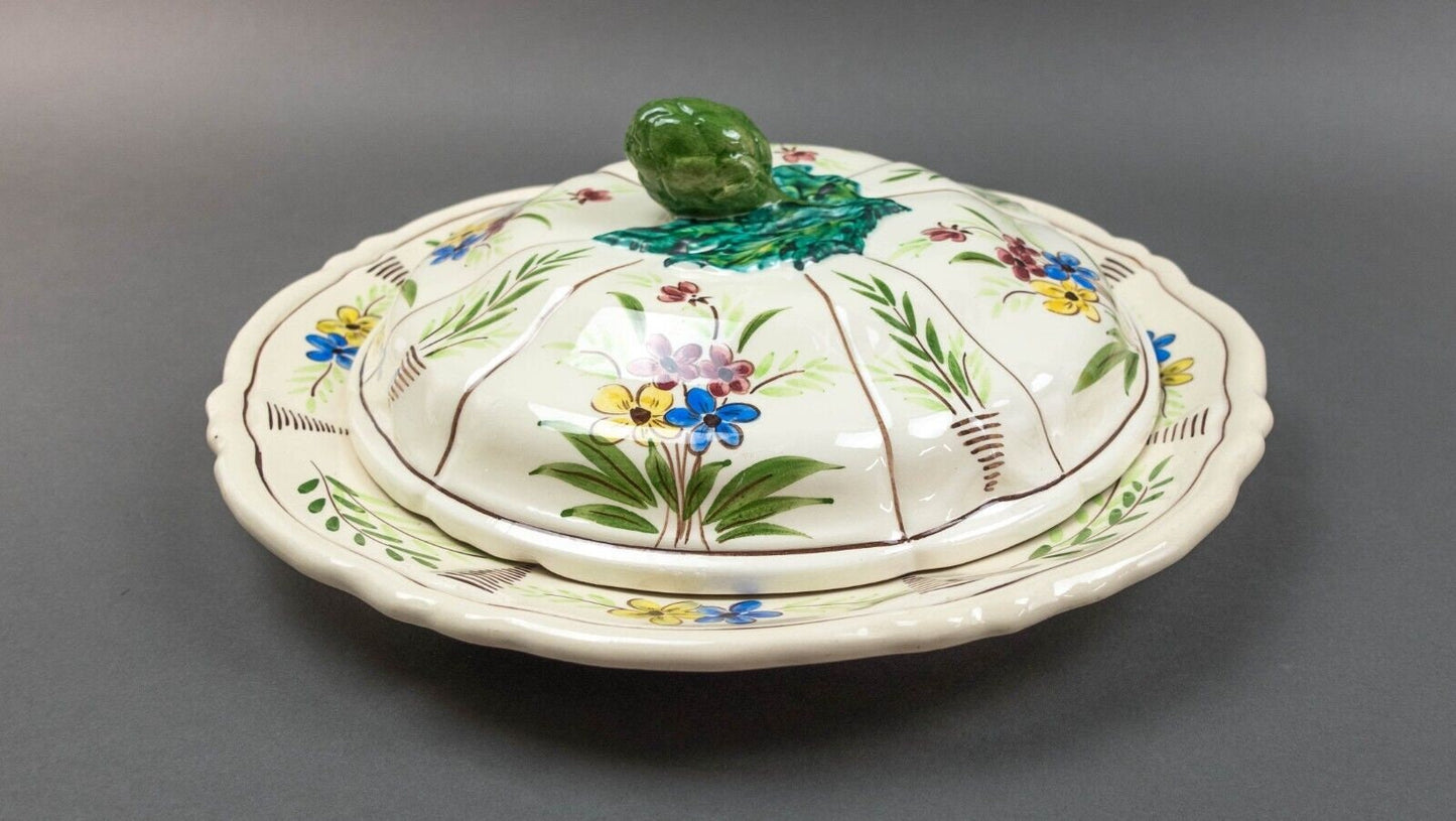Vallauris French Fait Main Floral Artichocke Lidded Serving Platter Tray Pottery