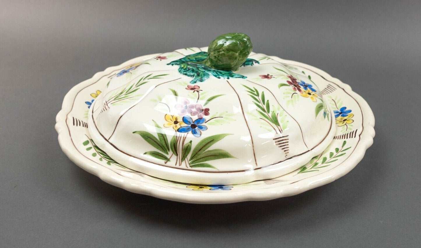 Vallauris French Fait Main Floral Artichocke Lidded Serving Platter Tray Pottery