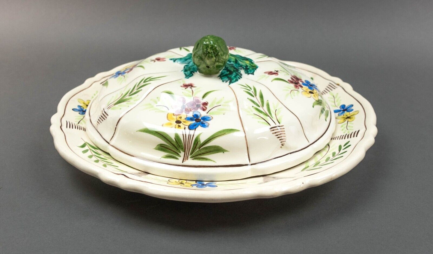 Vallauris French Fait Main Floral Artichocke Lidded Serving Platter Tray Pottery