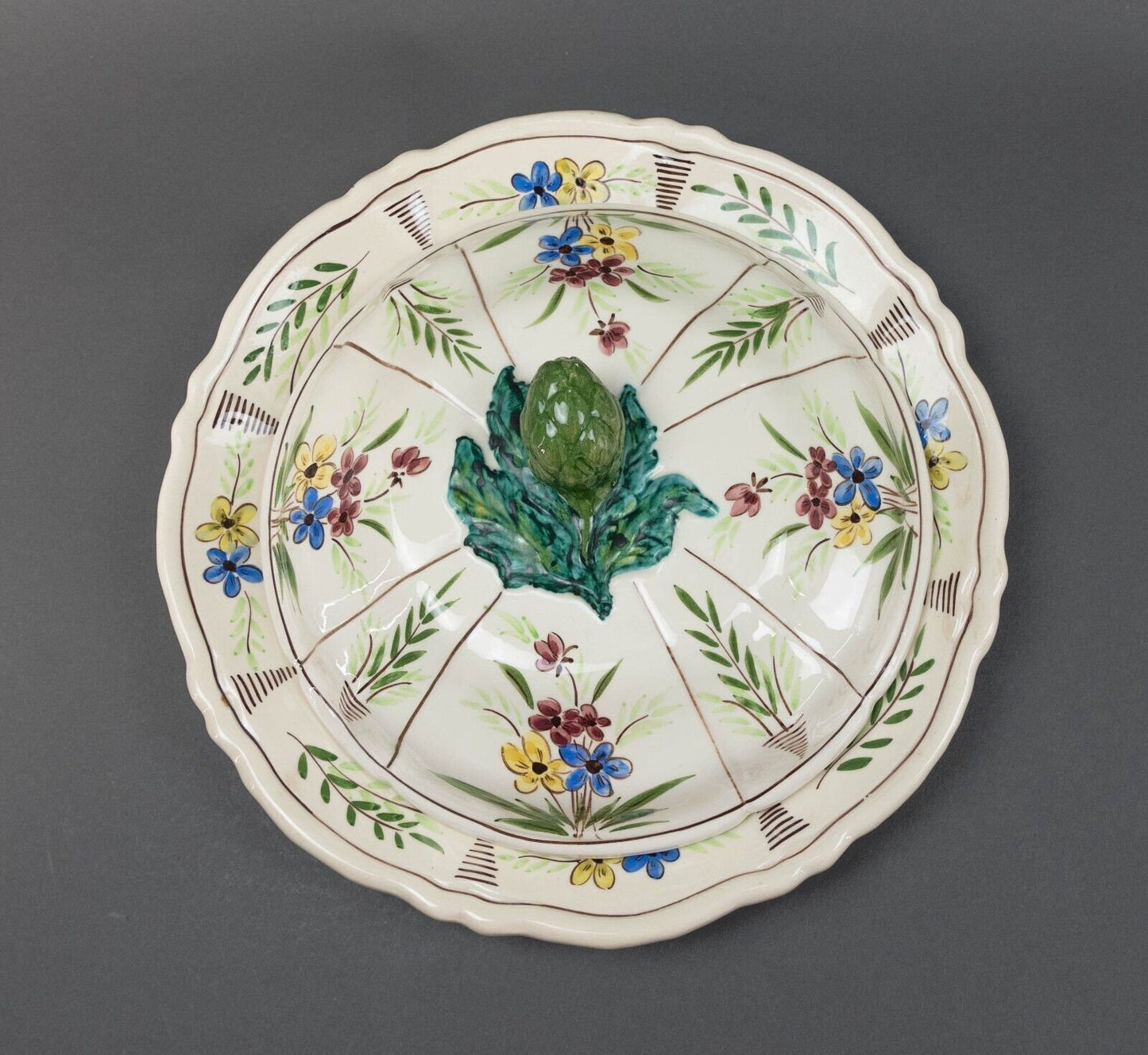 Vallauris French Fait Main Floral Artichocke Lidded Serving Platter Tray Pottery