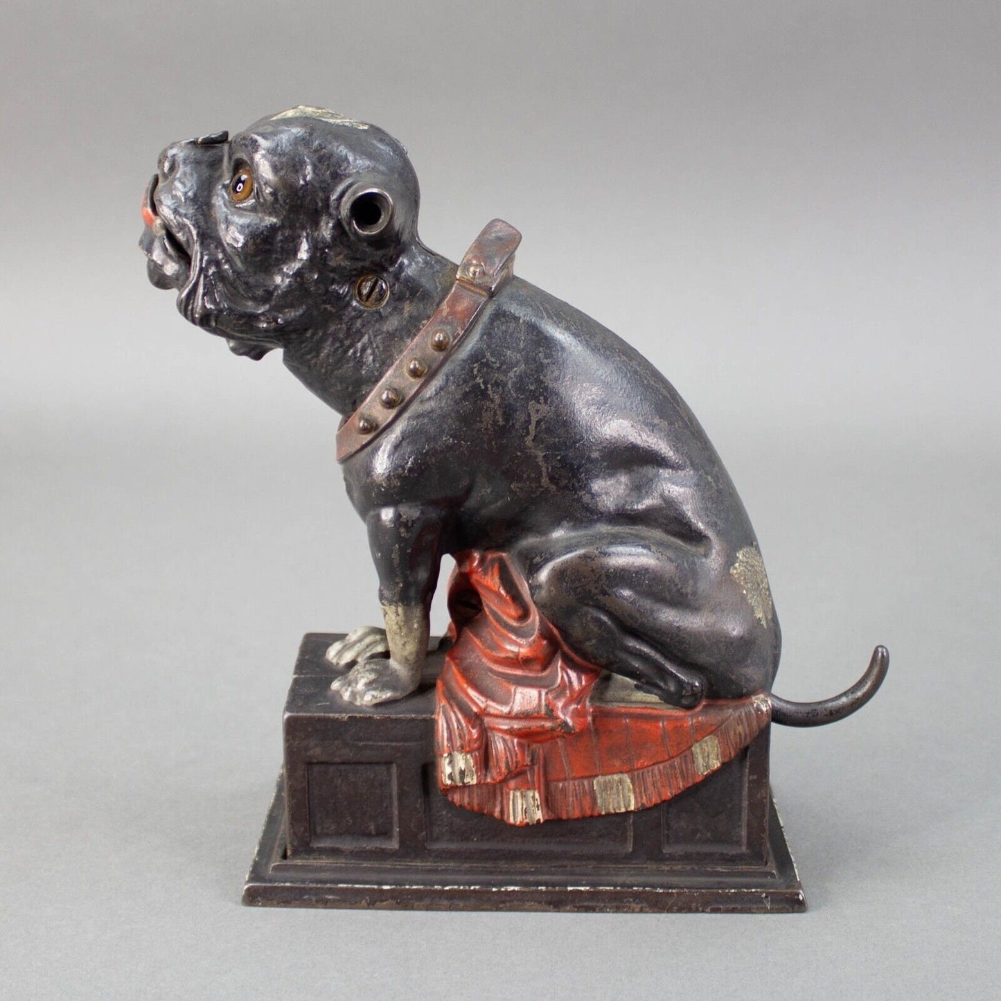 J & E Stevens Cast Iron Bull Dog Bank Coin On Nose (Red Blanket) Cir. 1875-1880