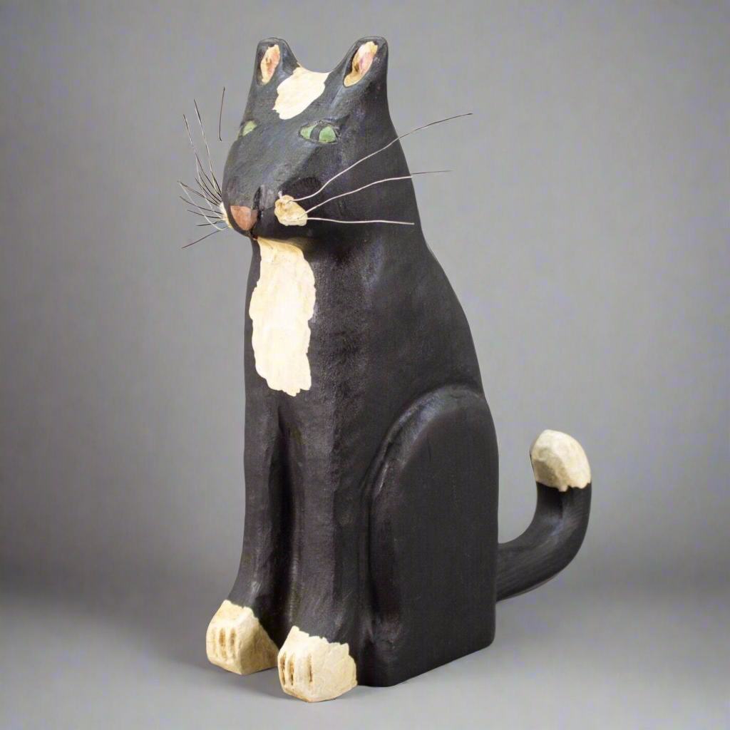 Ted & Reb Nichols 1987 Signed Folk Art Large Hand Carved Wood Cat 10 3/8"