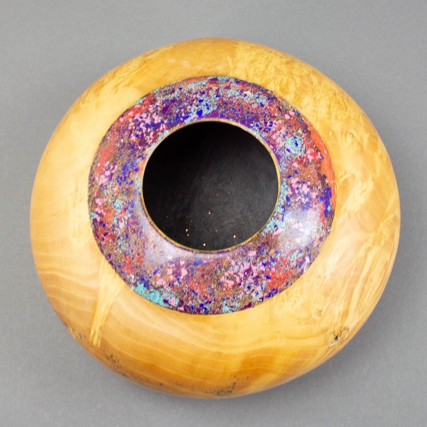 Marc Wroe Turned Burl Wood Vase Coral Turquoise Sugilite Lapis Sodalite Inlay
