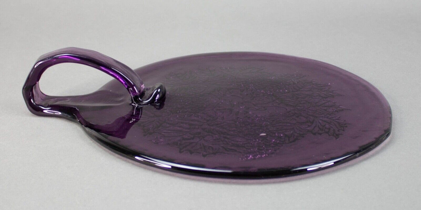 Vintage Blenko Grape Leaves Purple Art Glass Handled Cheese Tray Cutting Board