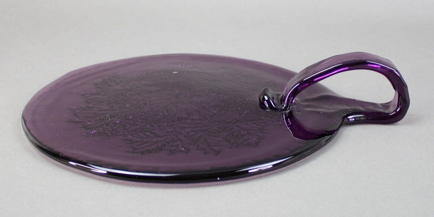 Vintage Blenko Grape Leaves Purple Art Glass Handled Cheese Tray Cutting Board