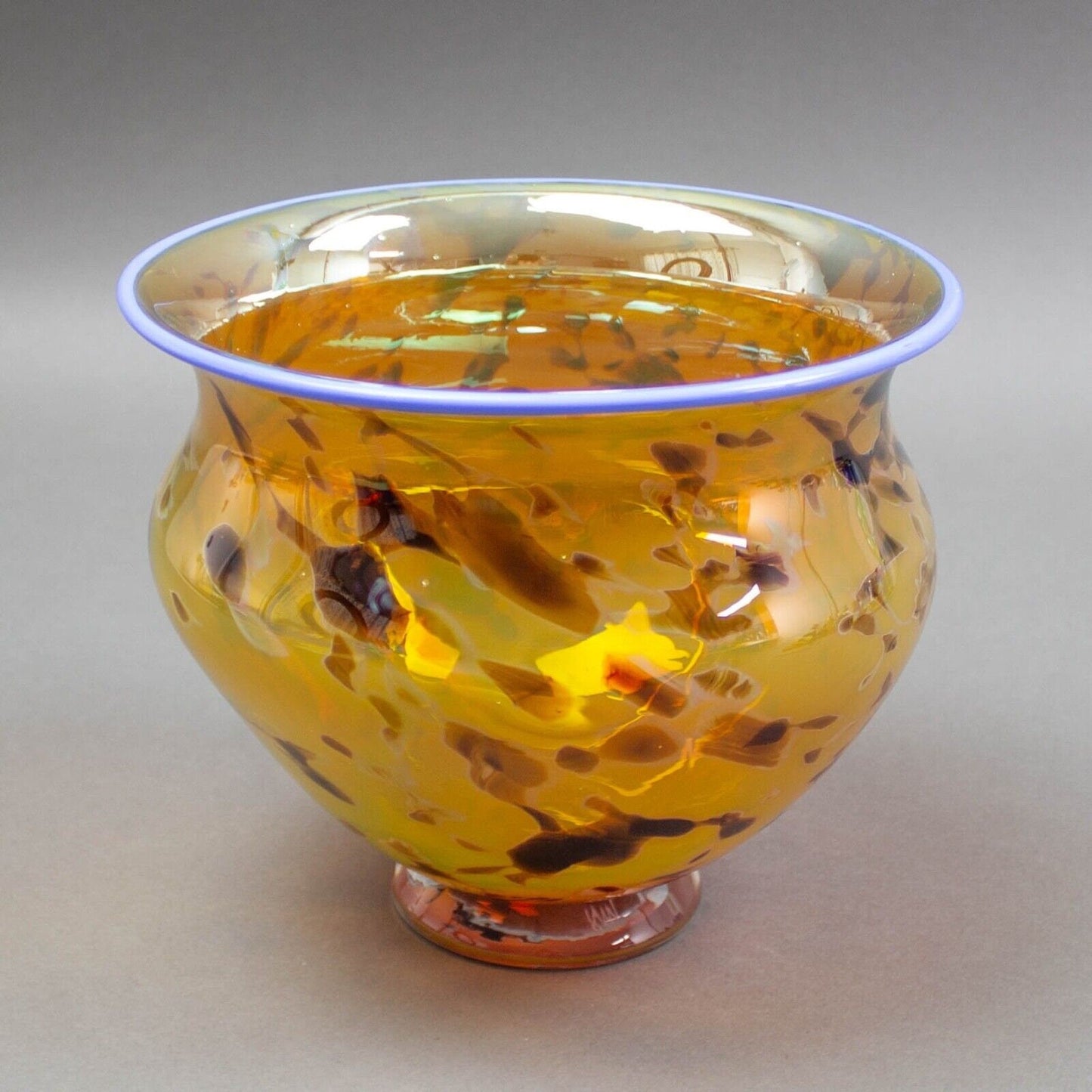 Signed 2003 Handmade Amber Blue Rimmed Art Glass Footed Bowl Vase