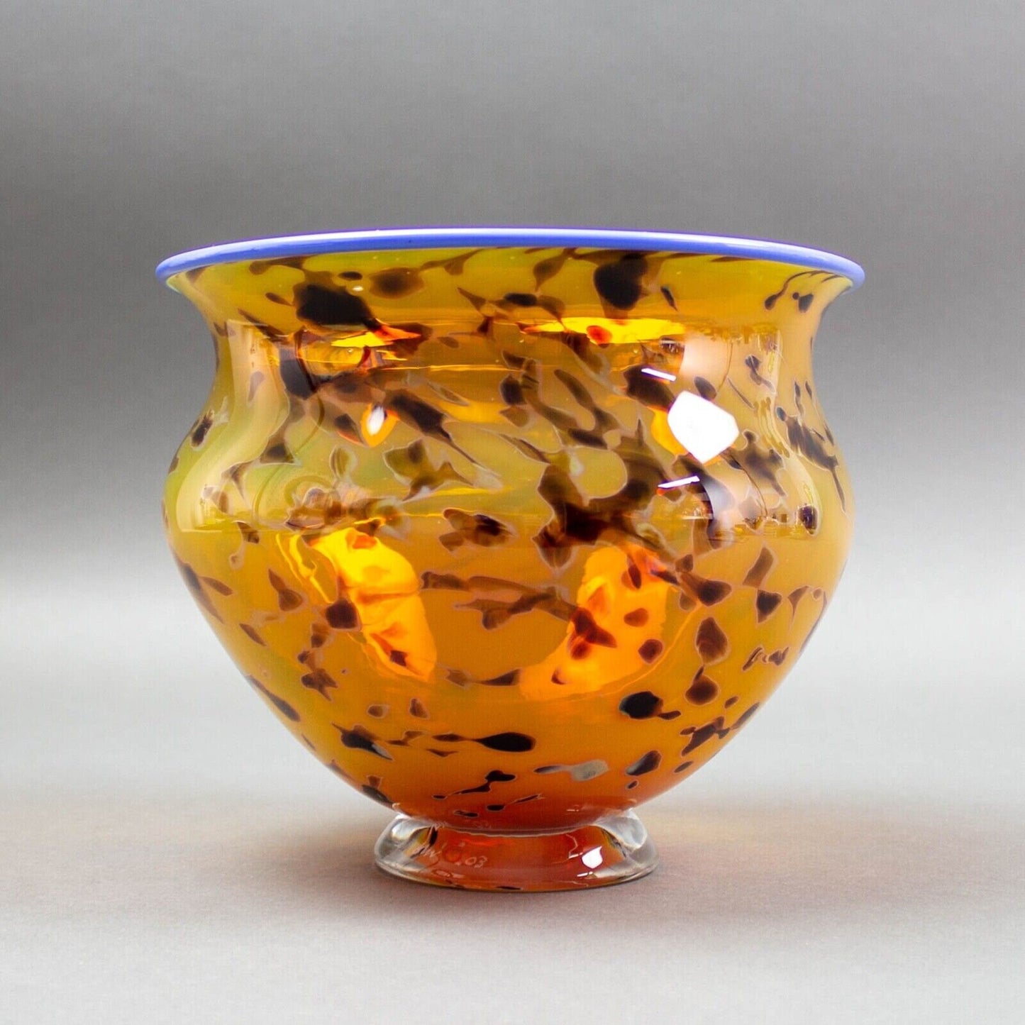 Signed 2003 Handmade Amber Blue Rimmed Art Glass Footed Bowl Vase
