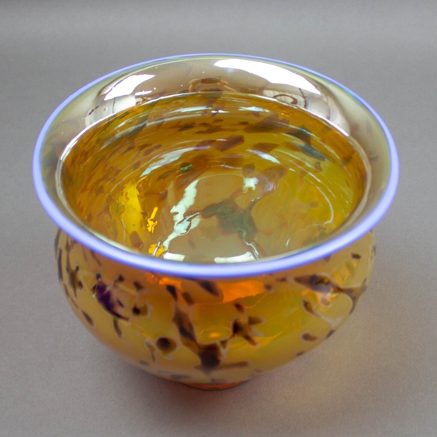 Signed 2003 Handmade Amber Blue Rimmed Art Glass Footed Bowl Vase