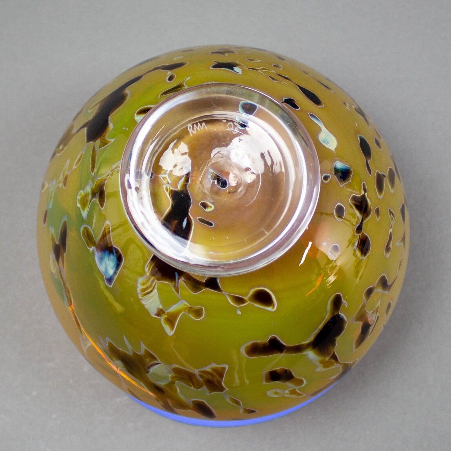 Signed 2003 Handmade Amber Blue Rimmed Art Glass Footed Bowl Vase