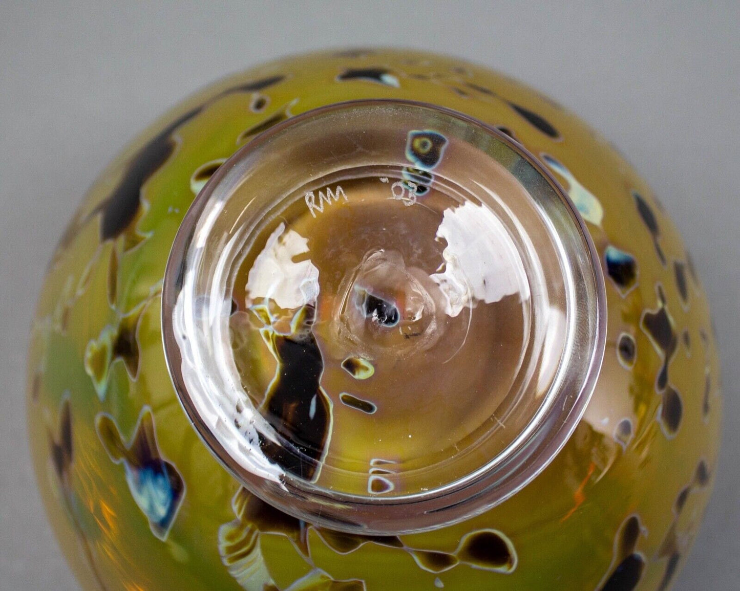 Signed 2003 Handmade Amber Blue Rimmed Art Glass Footed Bowl Vase