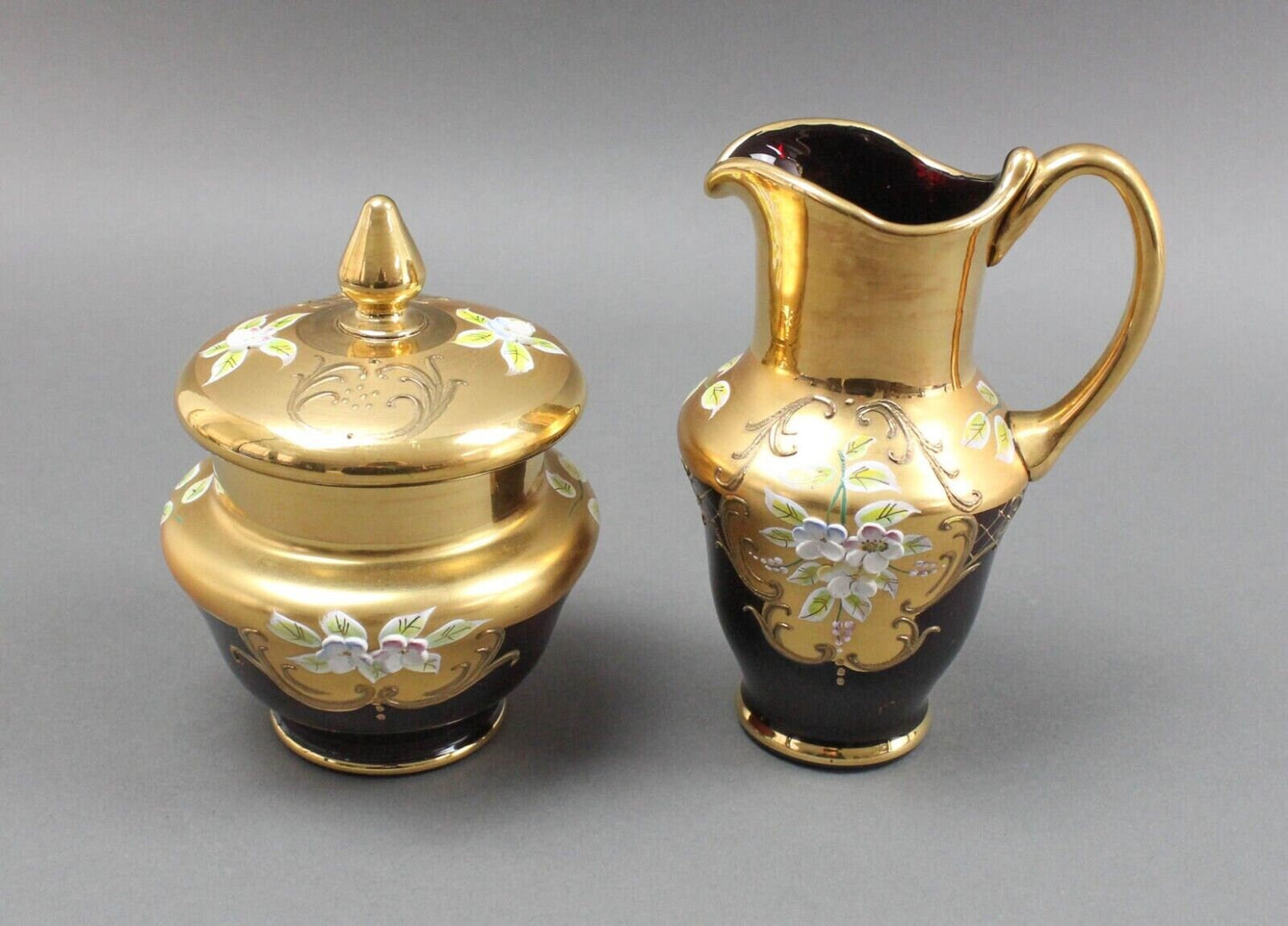 Tre Fuochi Venetian Murano Glass Ruby Red 24K Gold Floral Creamer & Sugar Set