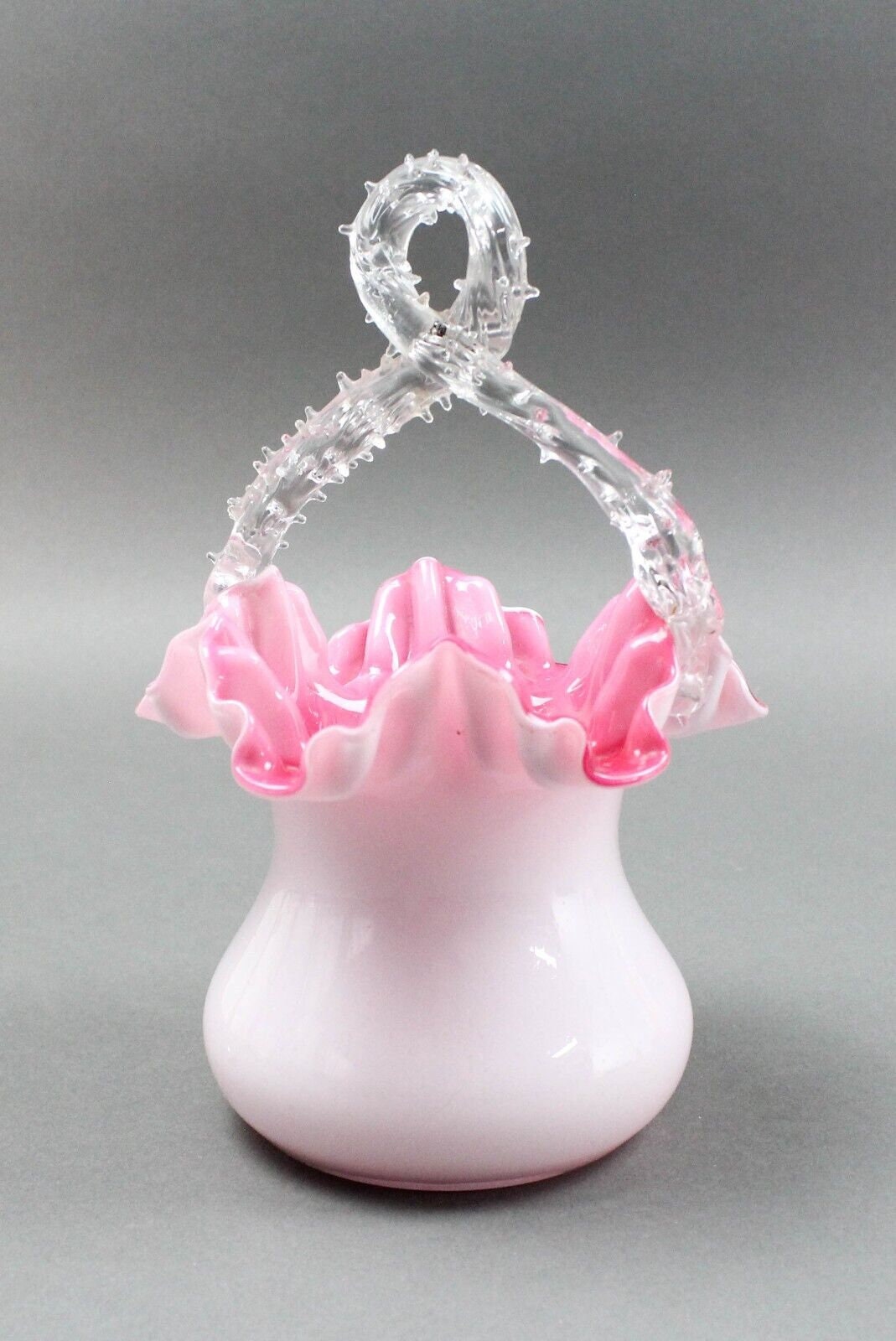 Victorian Twisted Thorn Handle White Pink Cased Ruffled Art Glass Vase Basket