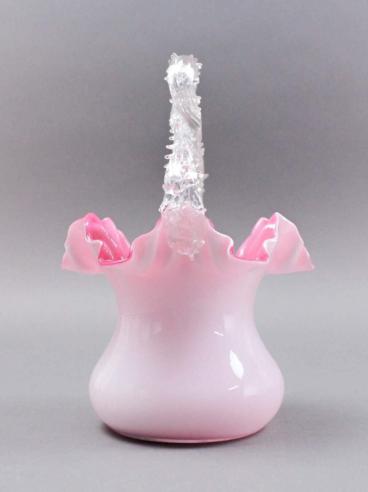 Victorian Twisted Thorn Handle White Pink Cased Ruffled Art Glass Vase Basket