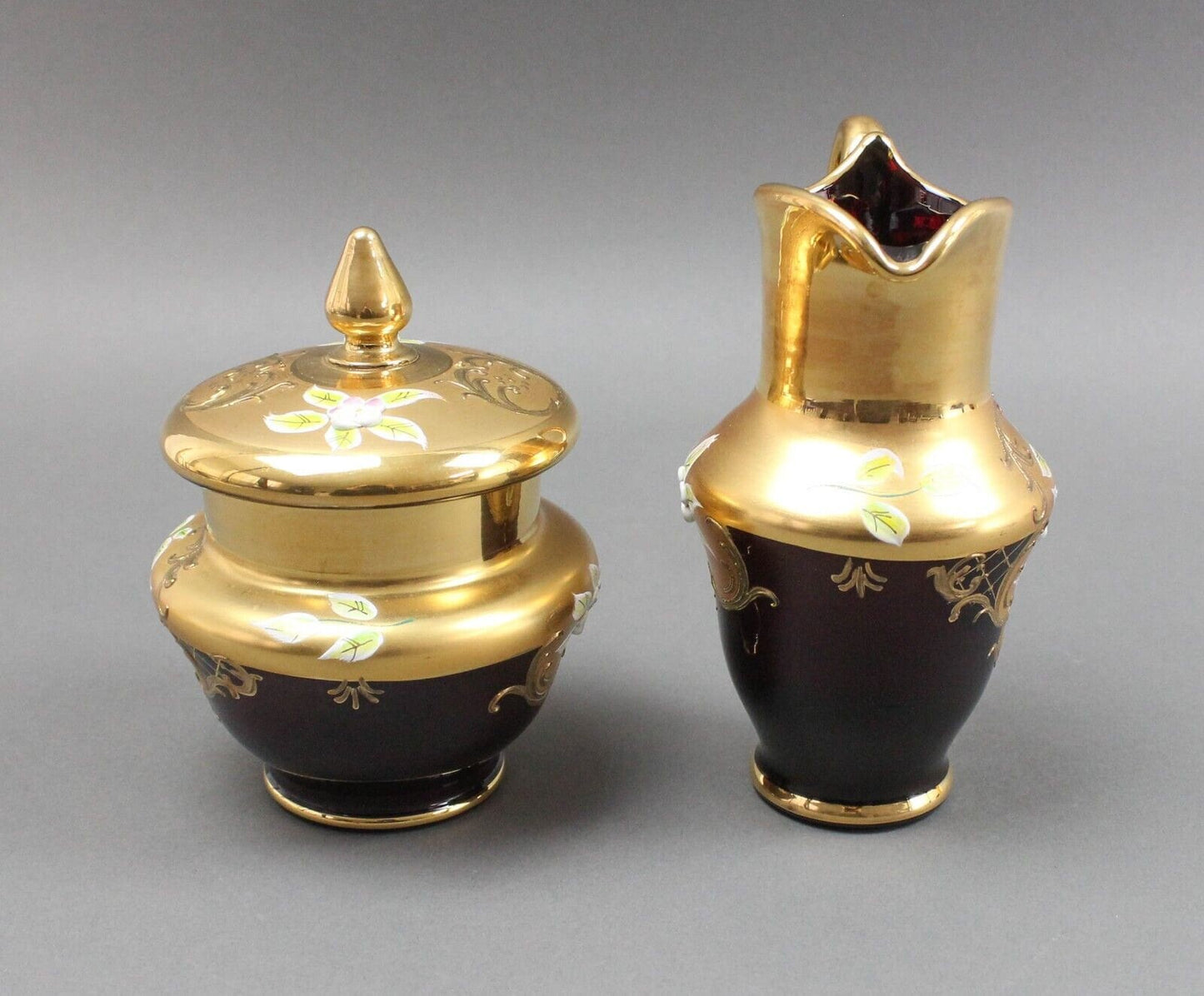 Tre Fuochi Venetian Murano Glass Ruby Red 24K Gold Floral Creamer & Sugar Set