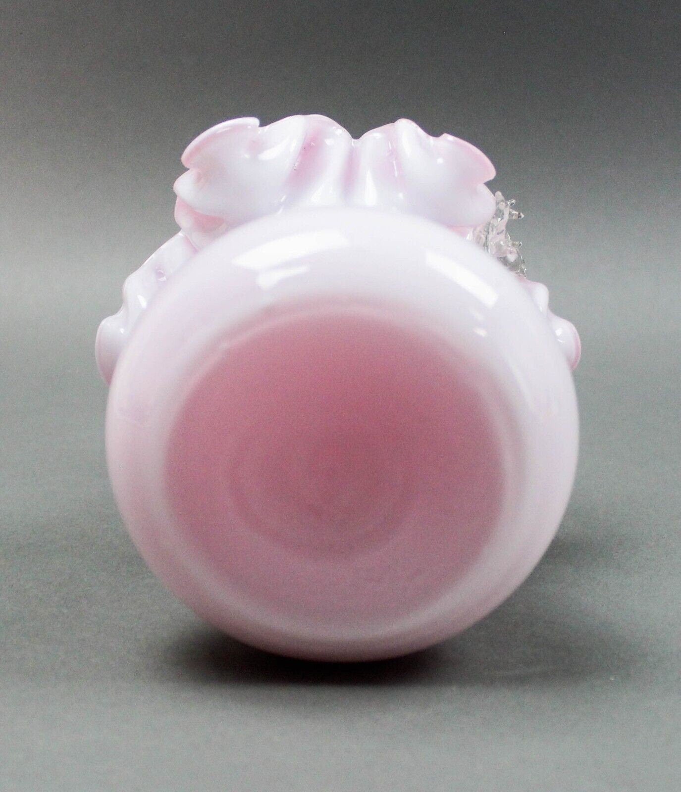 Victorian Twisted Thorn Handle White Pink Cased Ruffled Art Glass Vase Basket