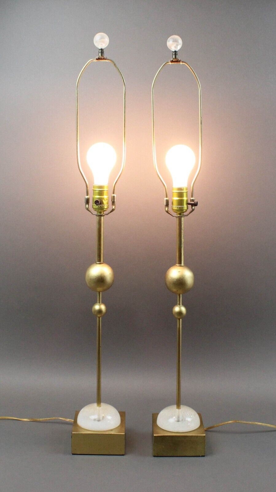 Roche Bobois Pair Of Gold Orb Table Lamps With Crackled Lucite Accents