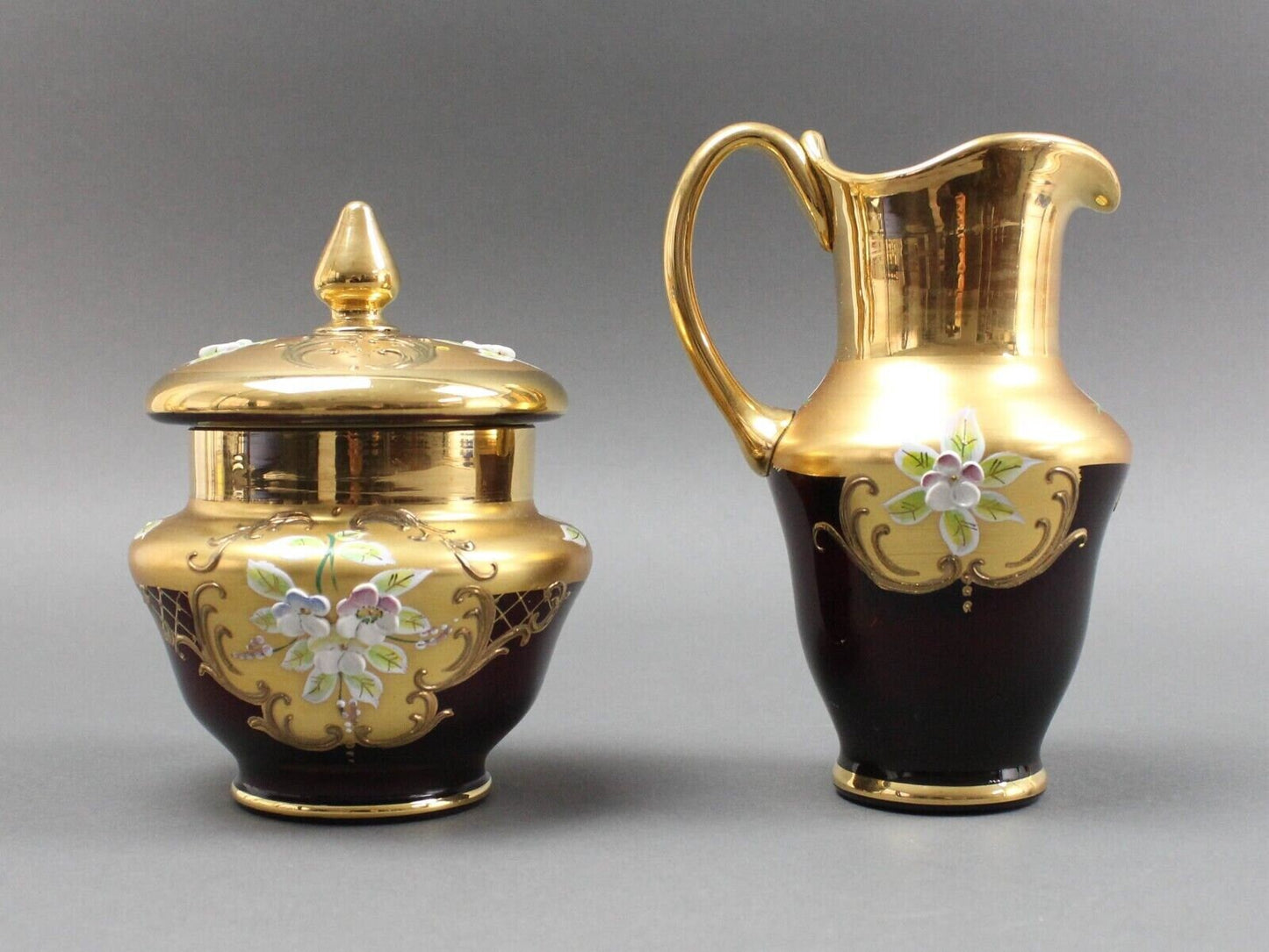 Tre Fuochi Venetian Murano Glass Ruby Red 24K Gold Floral Creamer & Sugar Set