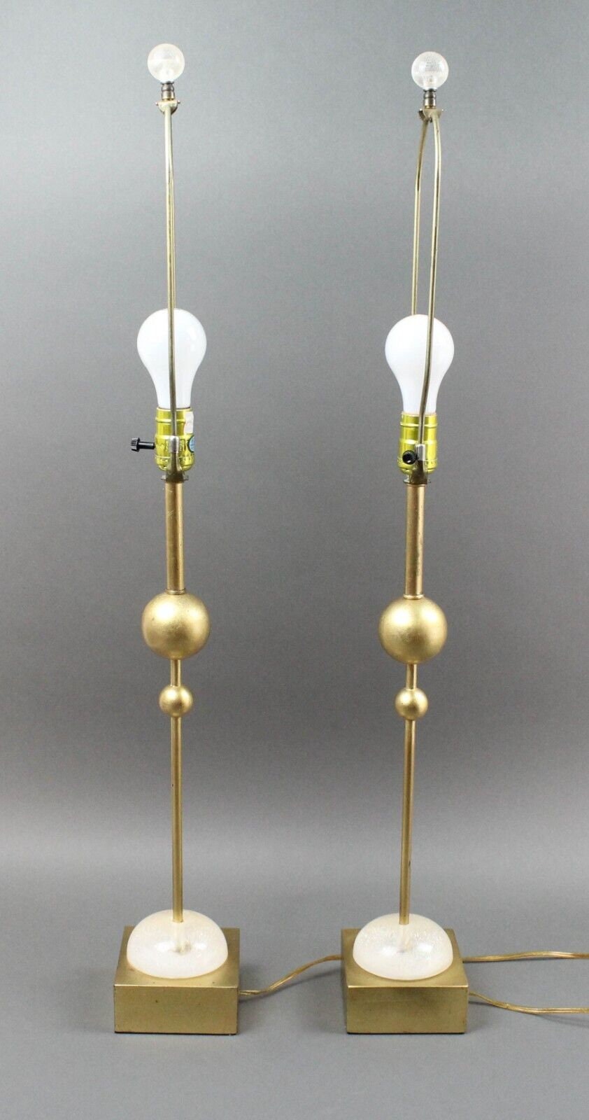 Roche Bobois Pair Of Gold Orb Table Lamps With Crackled Lucite Accents
