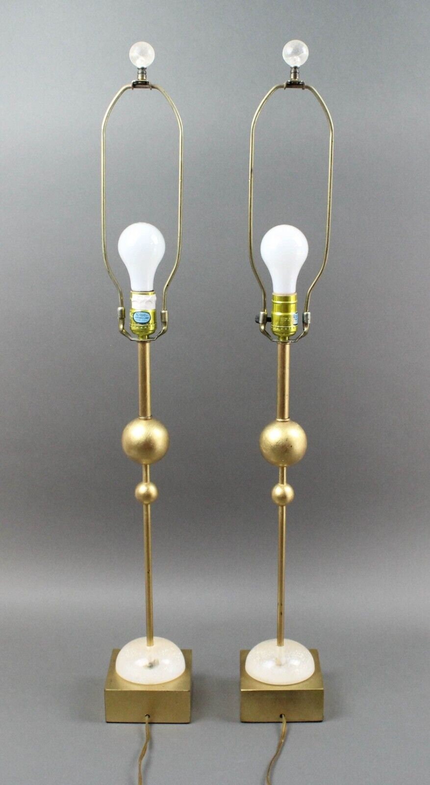 Roche Bobois Pair Of Gold Orb Table Lamps With Crackled Lucite Accents
