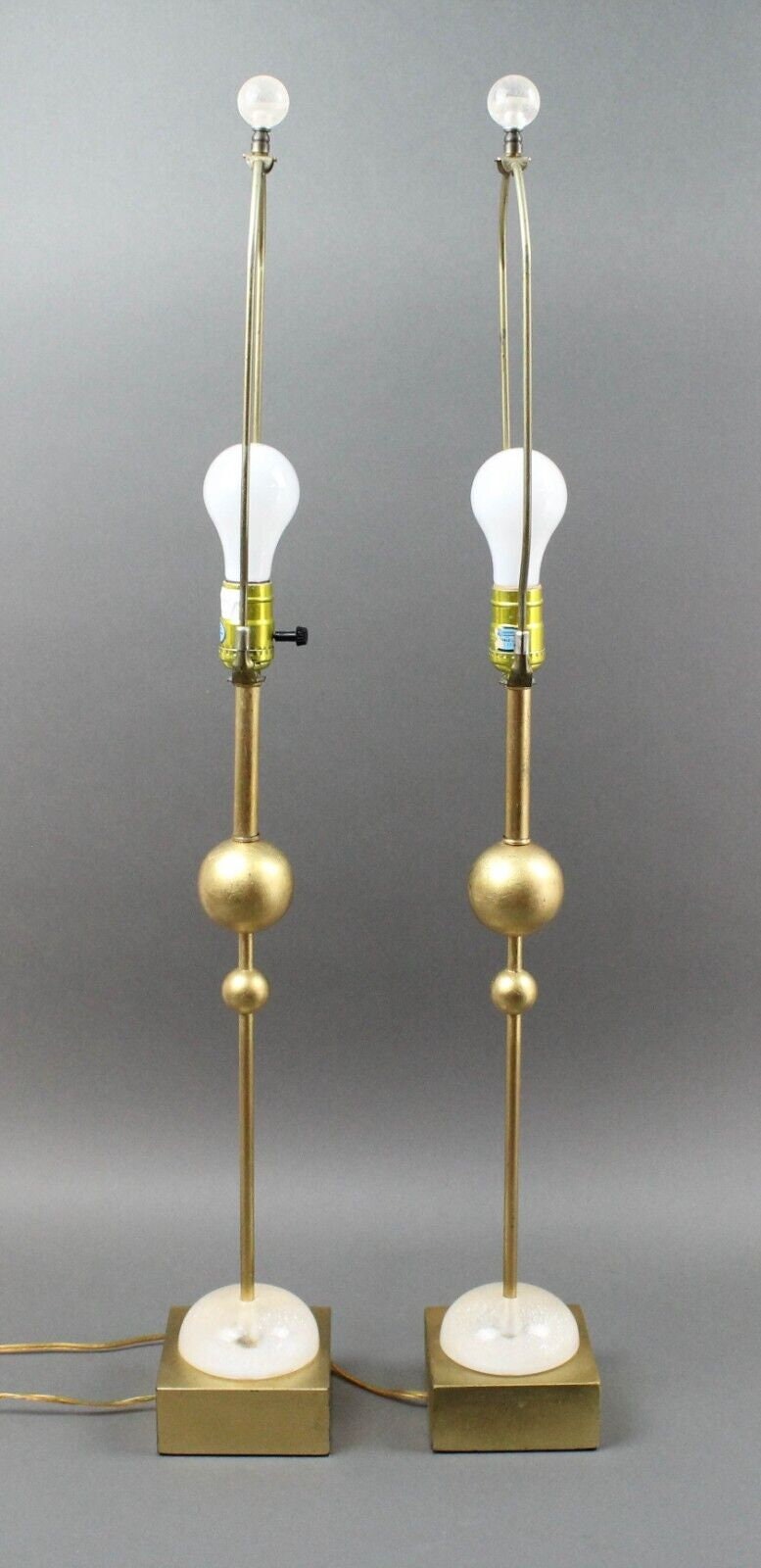 Roche Bobois Pair Of Gold Orb Table Lamps With Crackled Lucite Accents