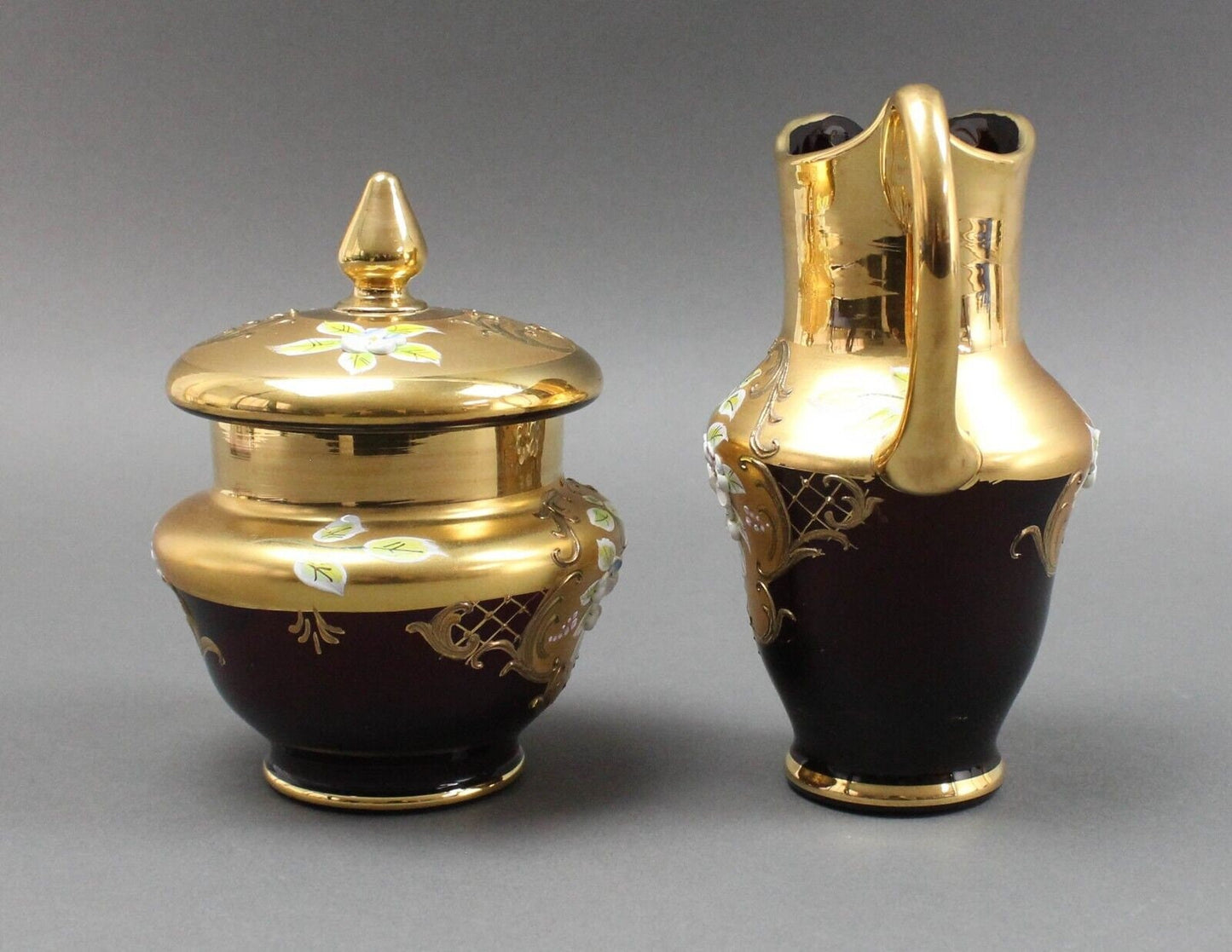Tre Fuochi Venetian Murano Glass Ruby Red 24K Gold Floral Creamer & Sugar Set