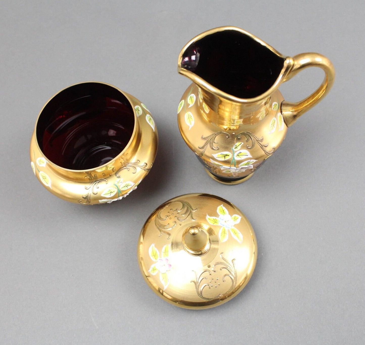 Tre Fuochi Venetian Murano Glass Ruby Red 24K Gold Floral Creamer & Sugar Set