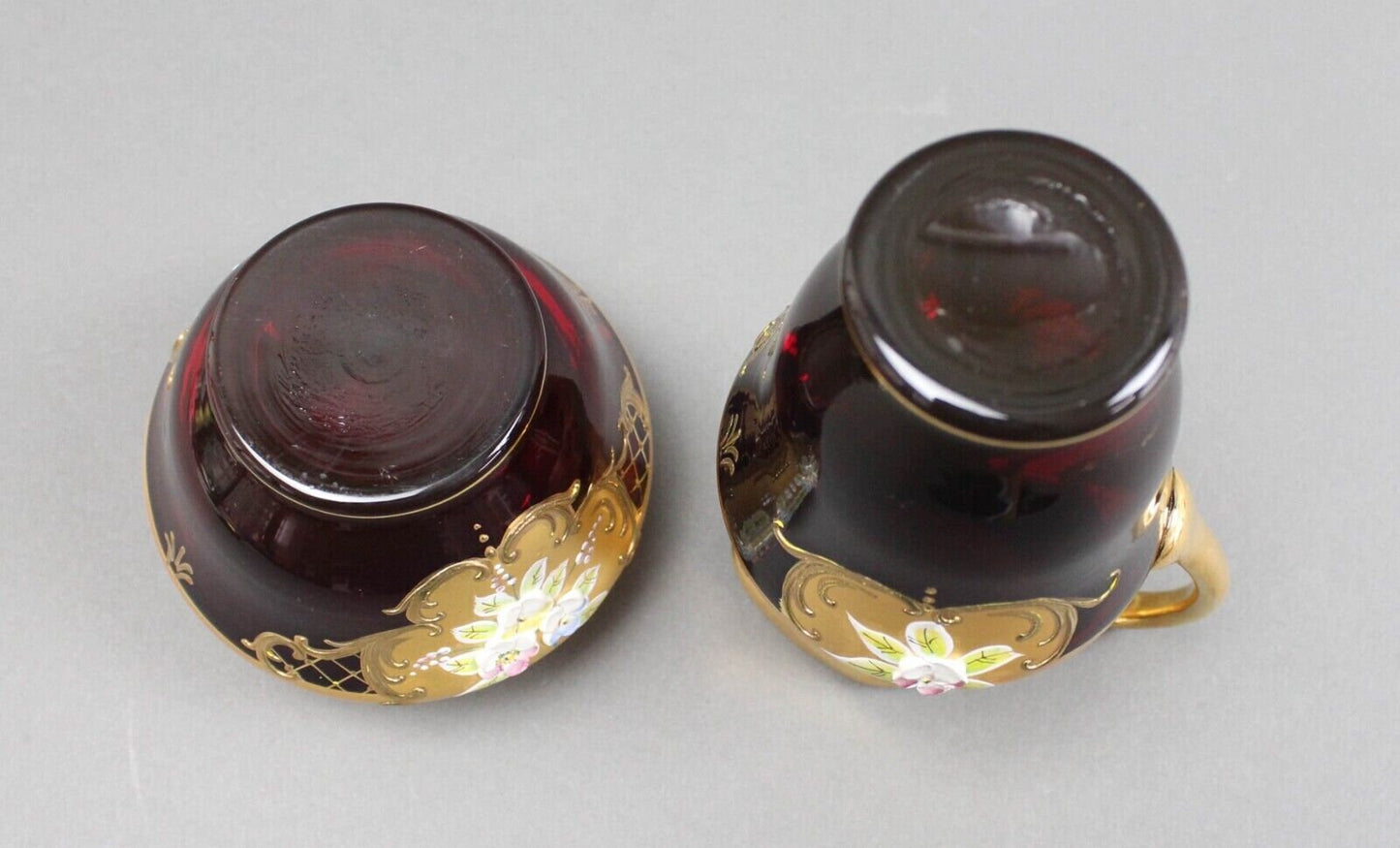 Tre Fuochi Venetian Murano Glass Ruby Red 24K Gold Floral Creamer & Sugar Set