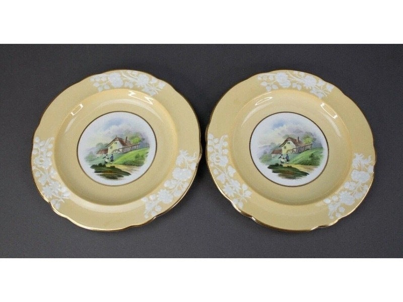 Spode Copeland WMH Plummer & Co NY Landscape Village Scene 8.75" Plates Set Of 2