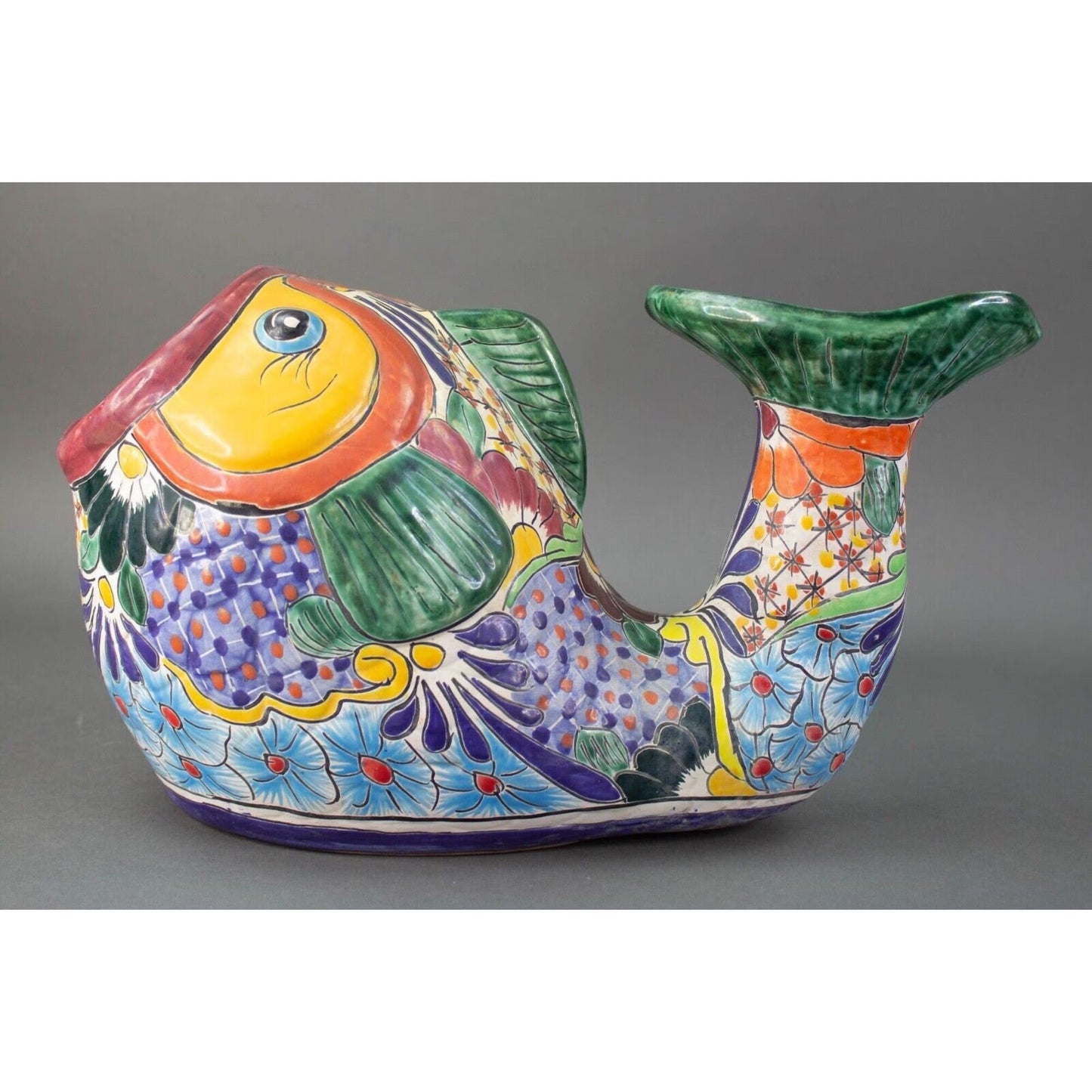 Talavera Pottery Mexican Folk Art Colorful Fish Pot Planter 17"x10"x10"