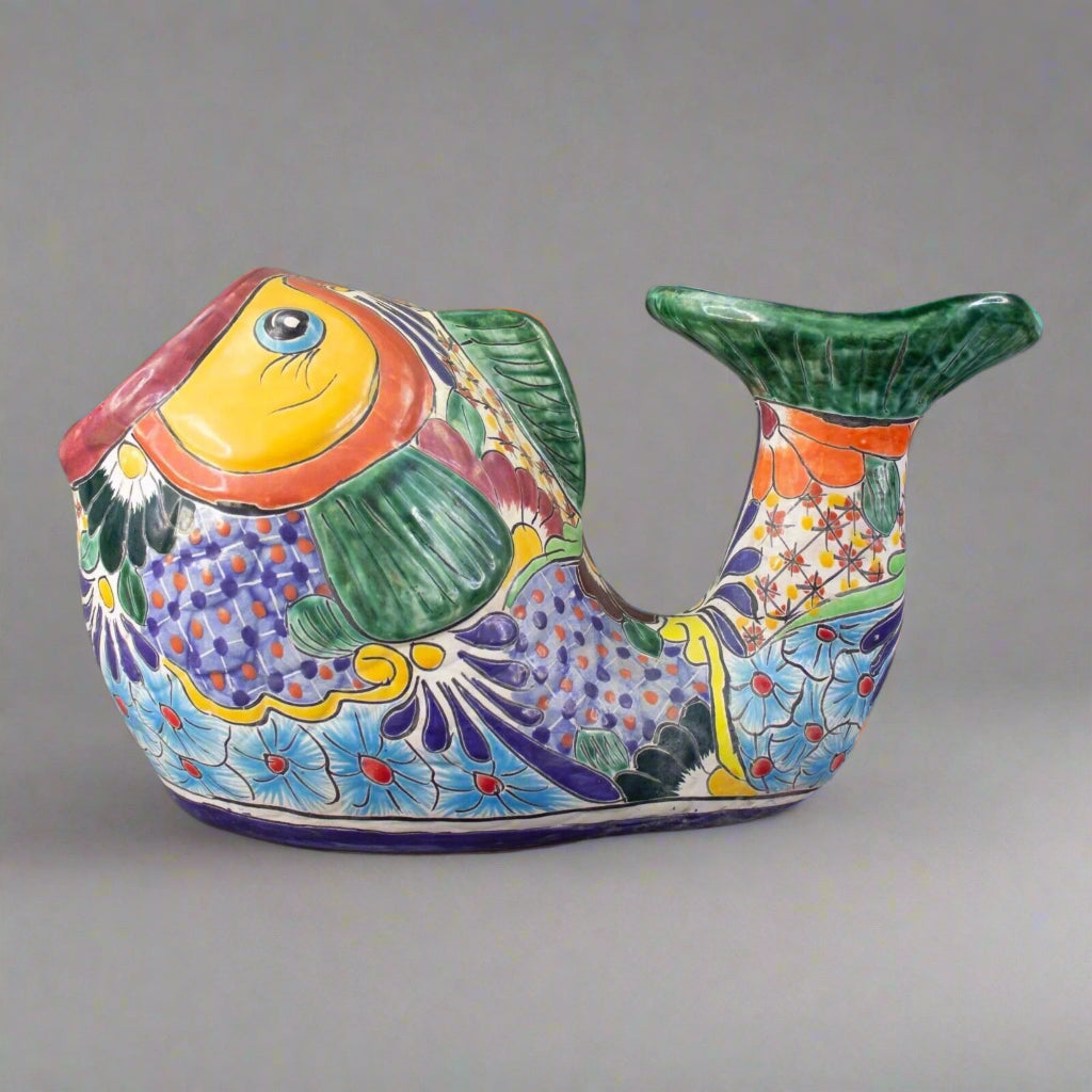 Talavera Pottery Mexican Folk Art Colorful Fish Pot Planter 17"x10"x10"