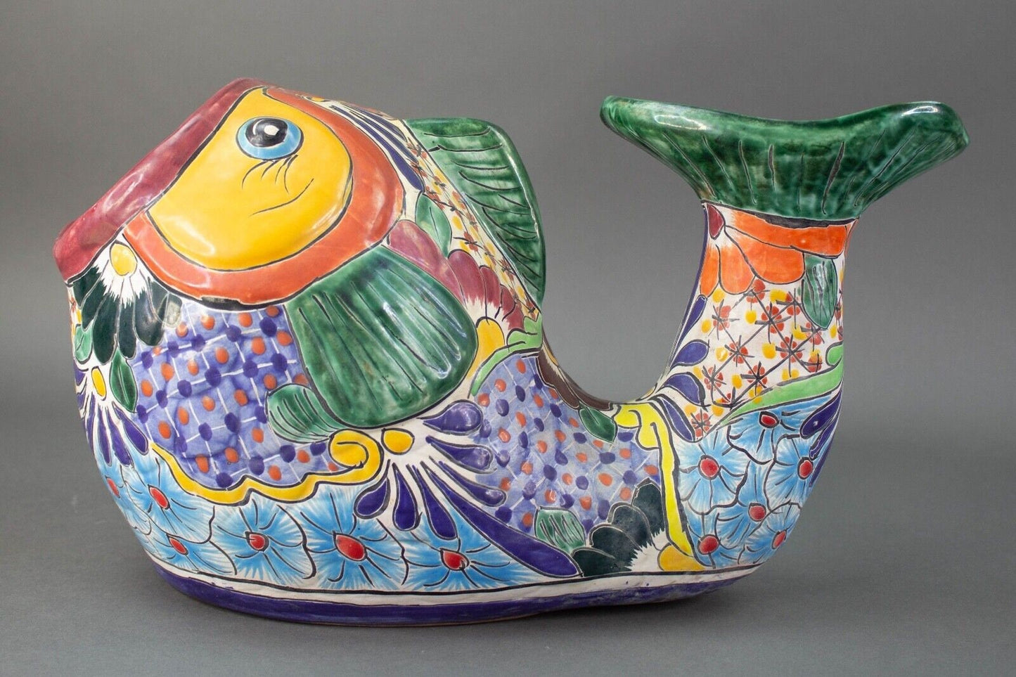 Talavera Pottery Mexican Folk Art Colorful Fish Pot Planter 17"x10"x10"