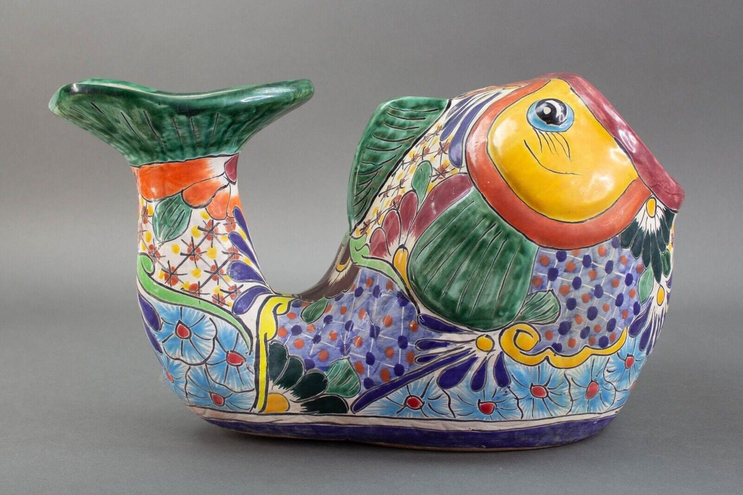 Talavera Pottery Mexican Folk Art Colorful Fish Pot Planter 17"x10"x10"