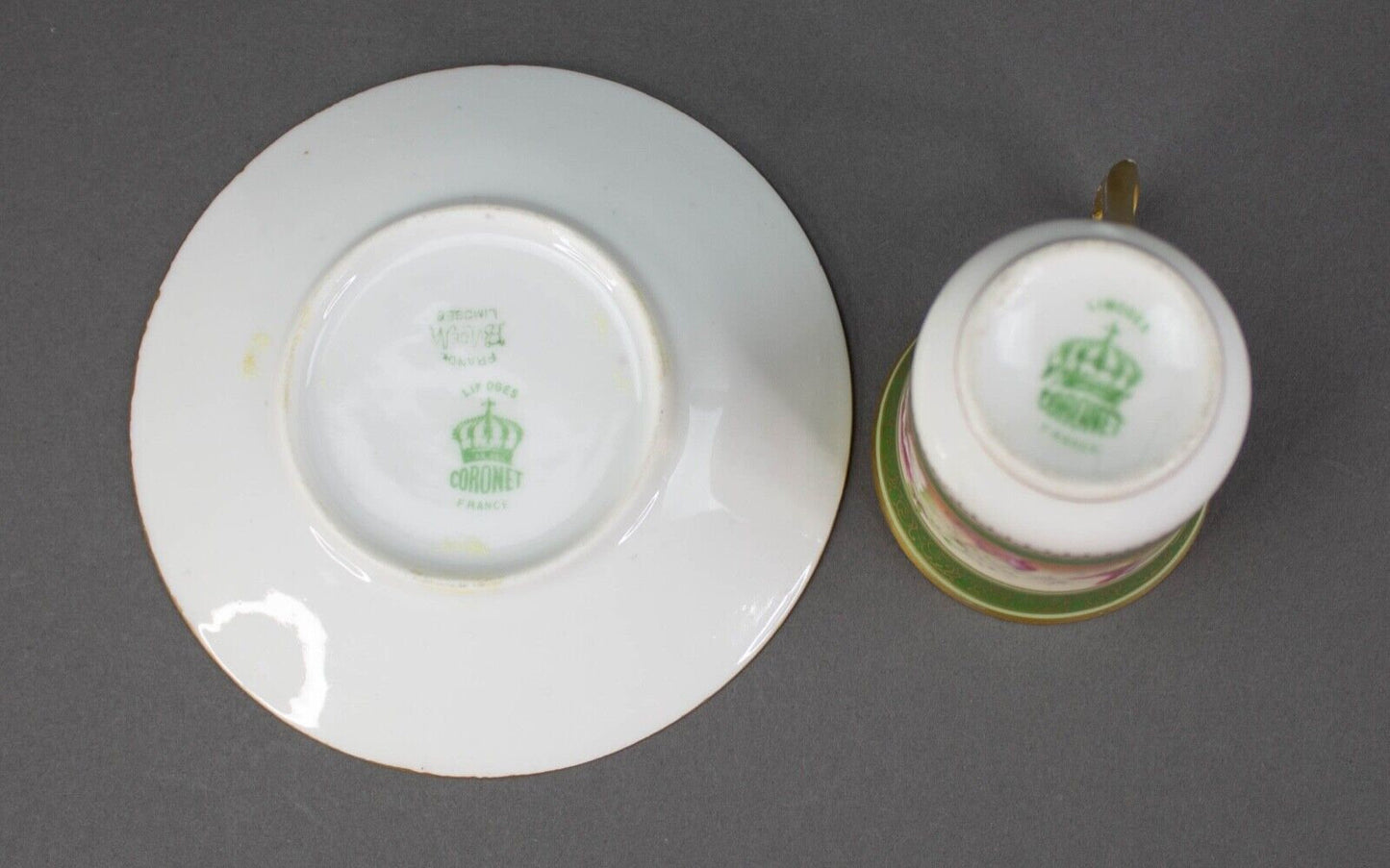 Coronet Limoges France Hand Painted Floral Gold Chocolate Tea Cup & Saucer