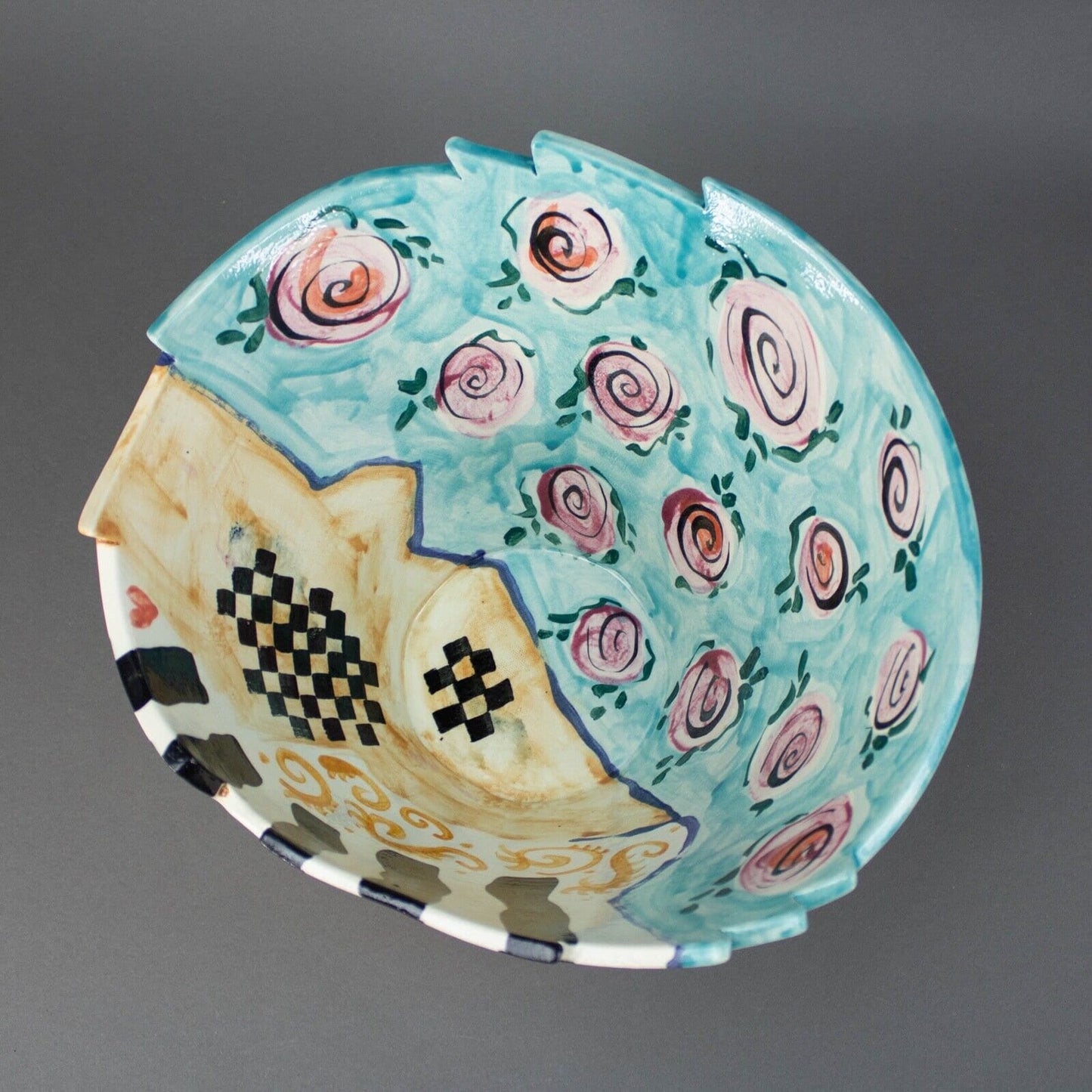 Caroline 1996 Signed Hand Painted Studio Art Pottery Large 11.75" Bowl & Spoon