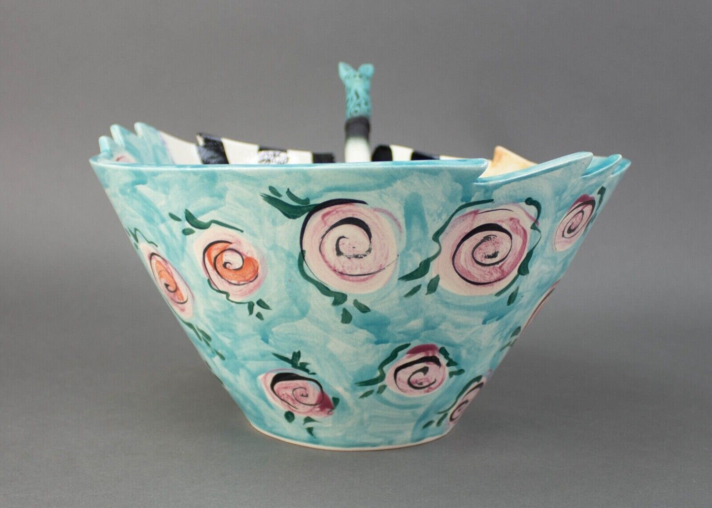 Caroline 1996 Signed Hand Painted Studio Art Pottery Large 11.75" Bowl & Spoon