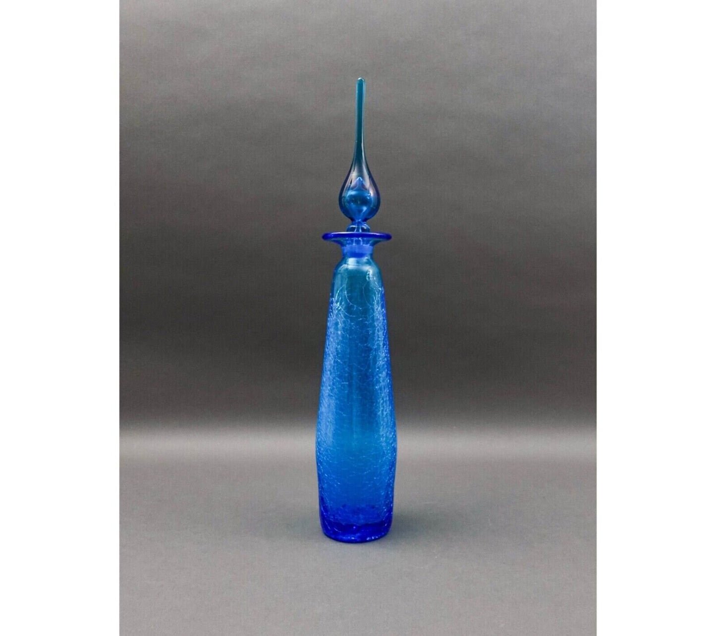 Rainbow MCM #9701 Blue Art Glass Crackle Long John Decanter Genie Bottle 20 1/2"