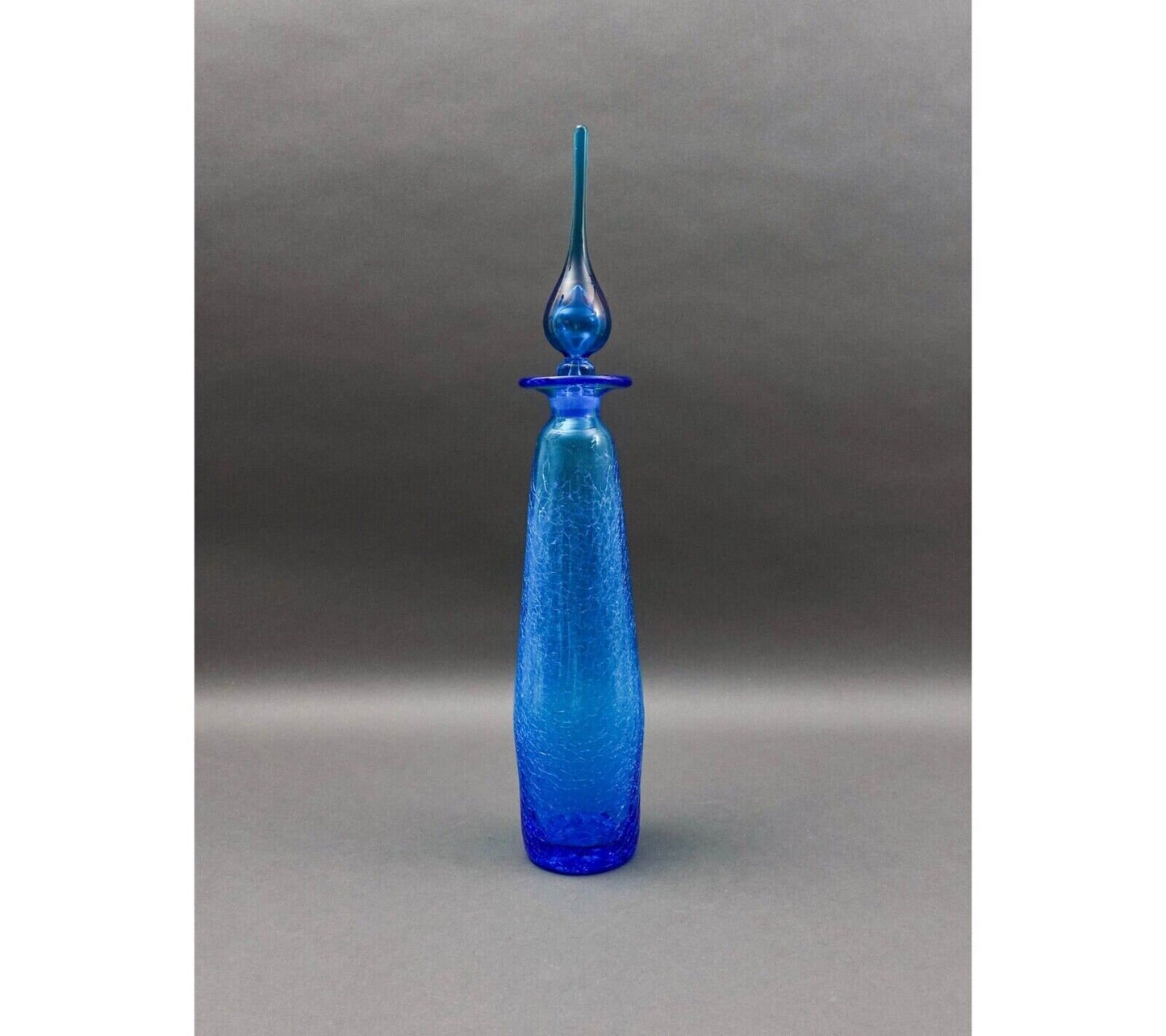 Rainbow MCM #9701 Blue Art Glass Crackle Long John Decanter Genie Bottle 20 1/2"
