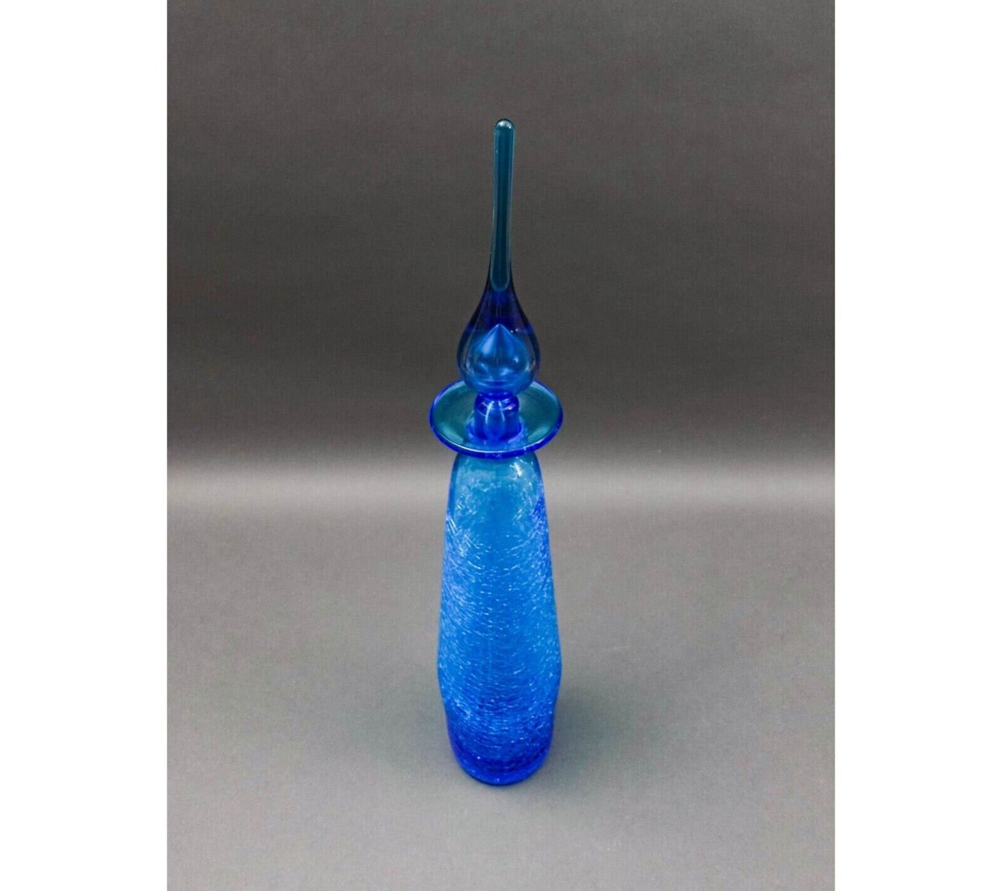 Rainbow MCM #9701 Blue Art Glass Crackle Long John Decanter Genie Bottle 20 1/2"