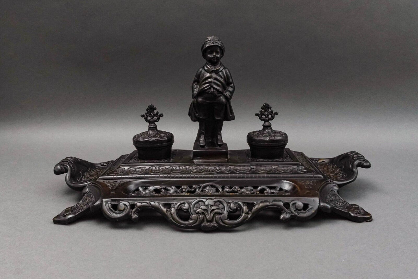 Maitland Smith Vintage Ornate Heavy Cast Bronze Desk Double Ink Well With Child