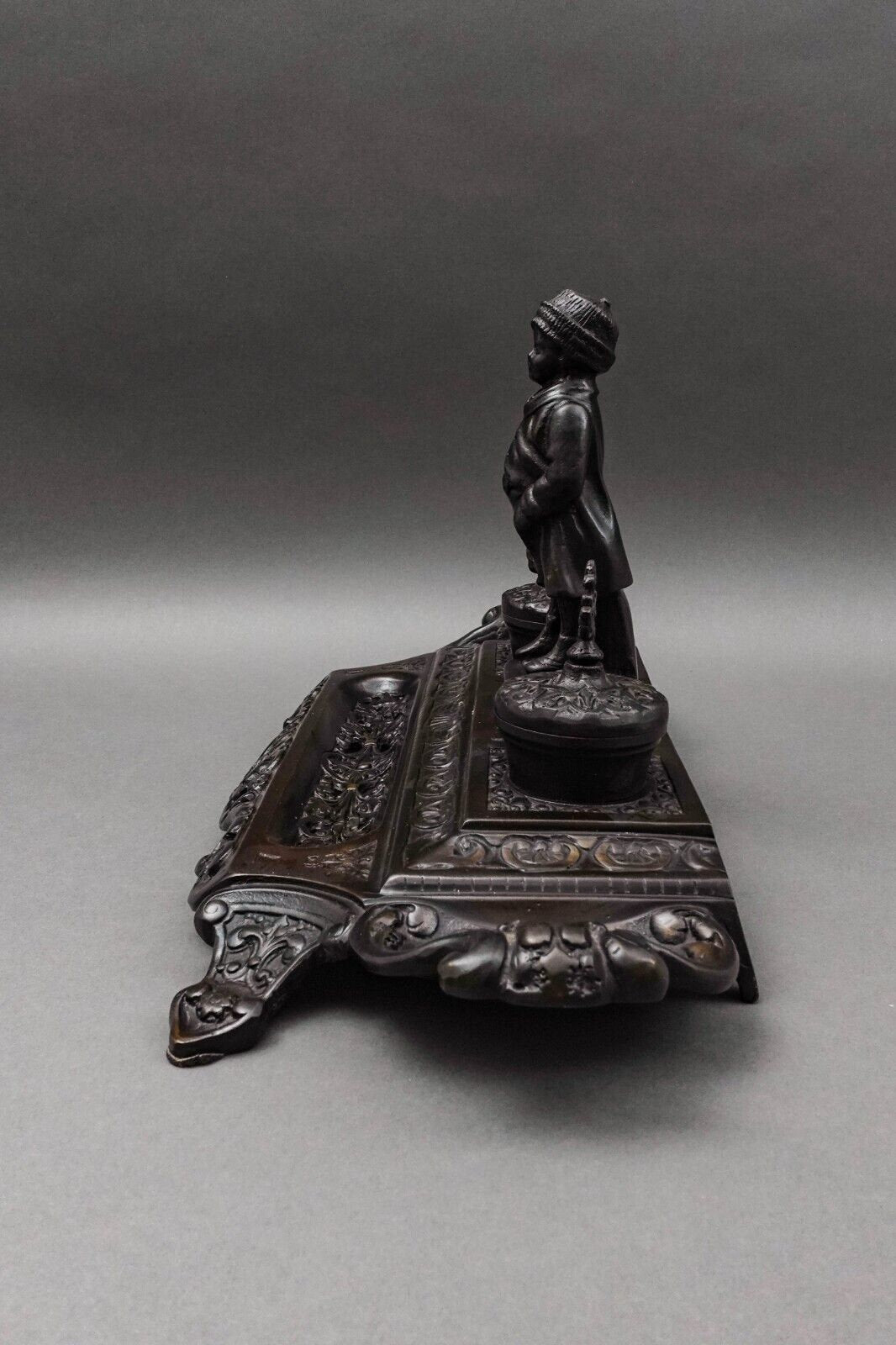 Maitland Smith Vintage Ornate Heavy Cast Bronze Desk Double Ink Well With Child