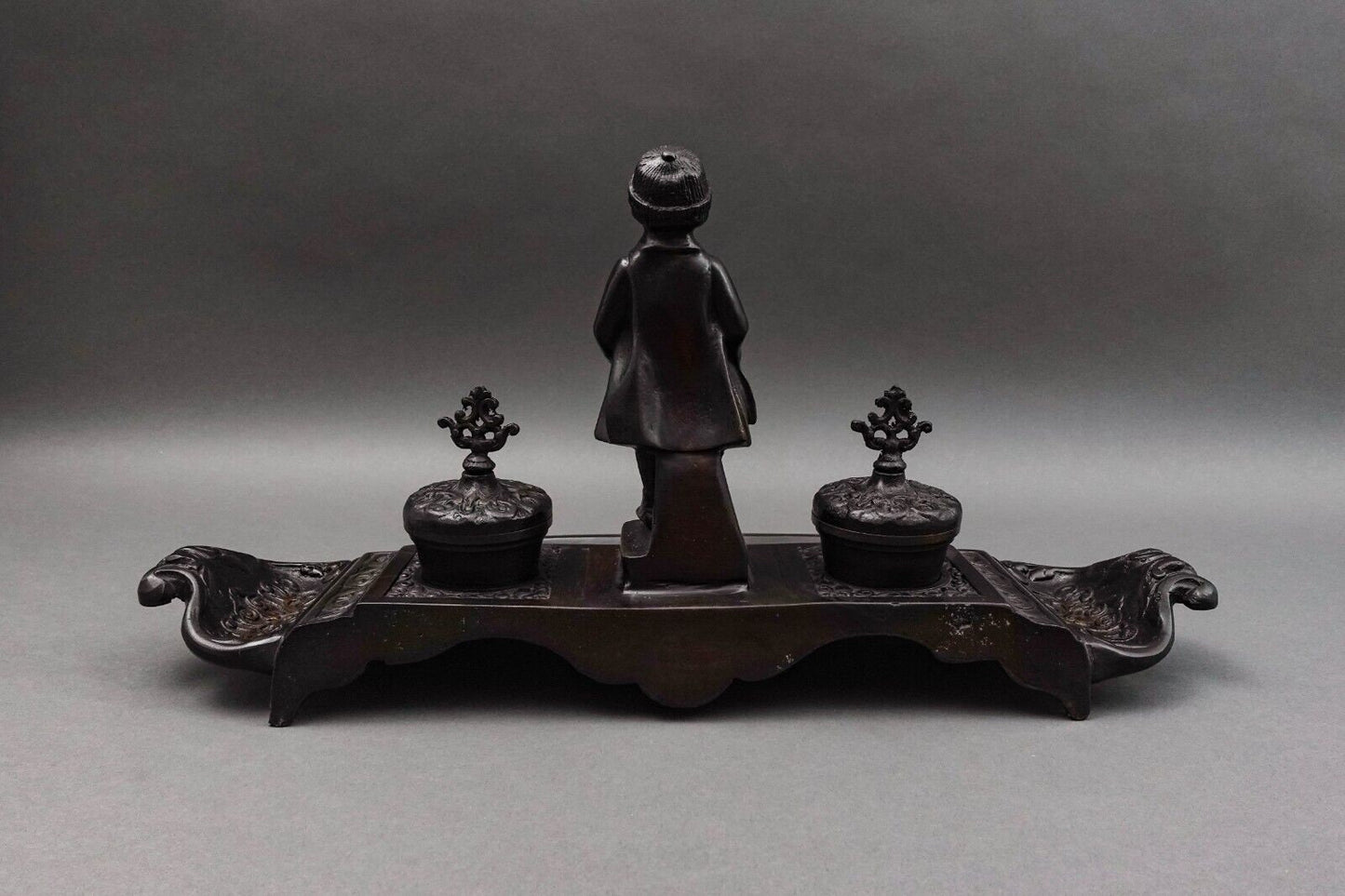 Maitland Smith Vintage Ornate Heavy Cast Bronze Desk Double Ink Well With Child
