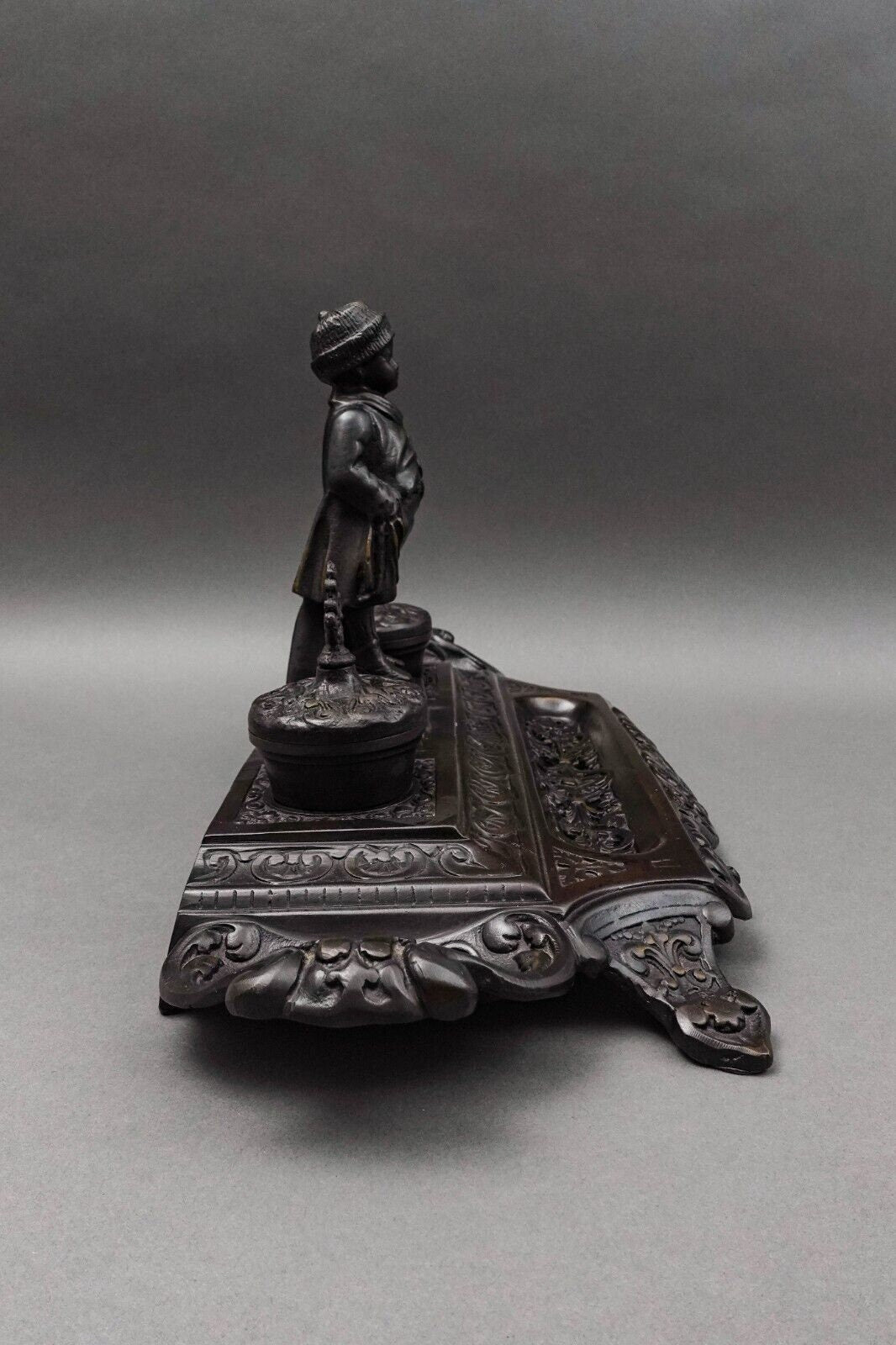Maitland Smith Vintage Ornate Heavy Cast Bronze Desk Double Ink Well With Child