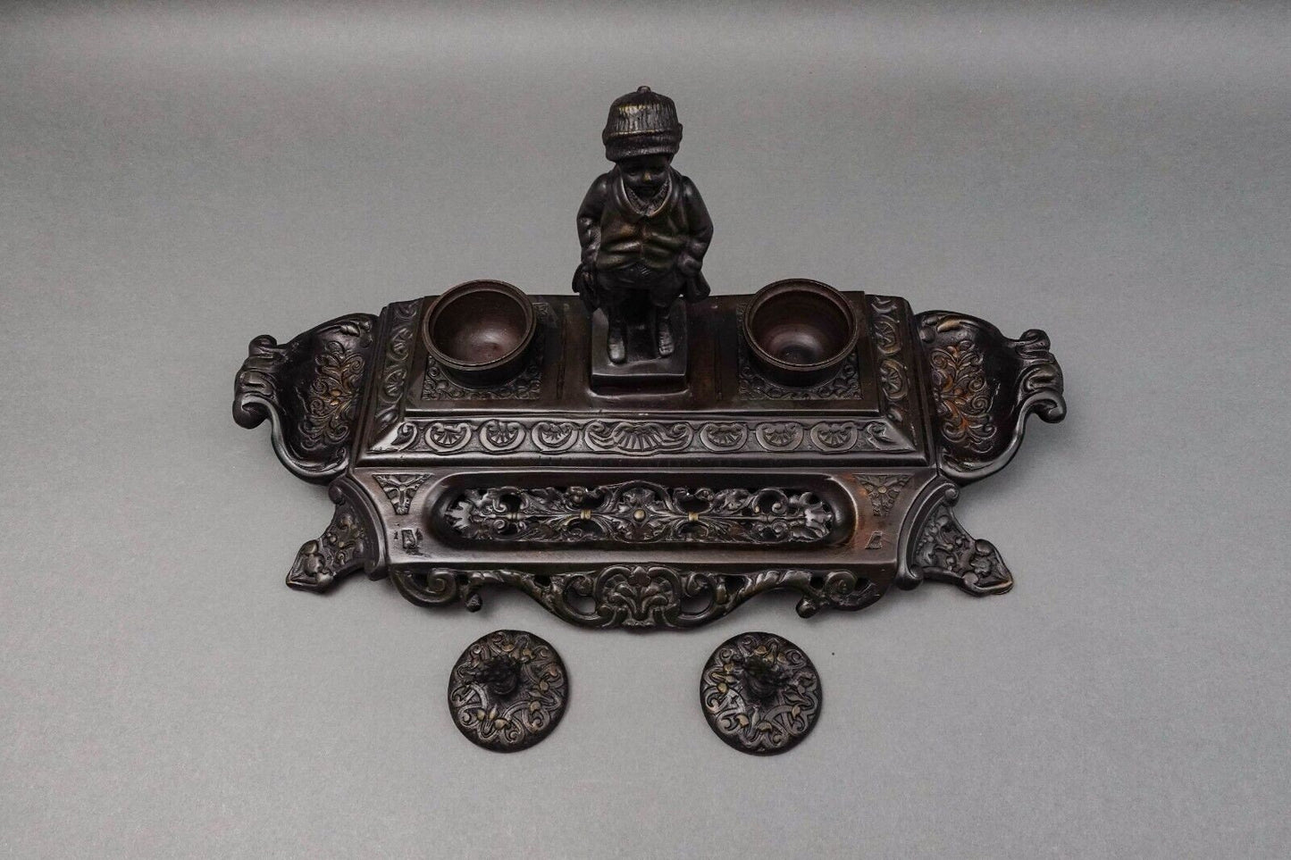 Maitland Smith Vintage Ornate Heavy Cast Bronze Desk Double Ink Well With Child