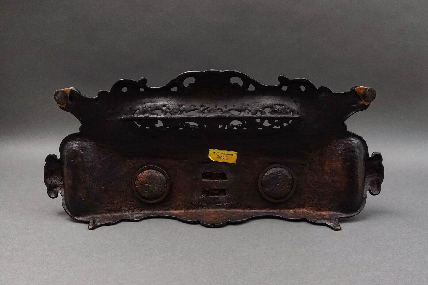 Maitland Smith Vintage Ornate Heavy Cast Bronze Desk Double Ink Well With Child