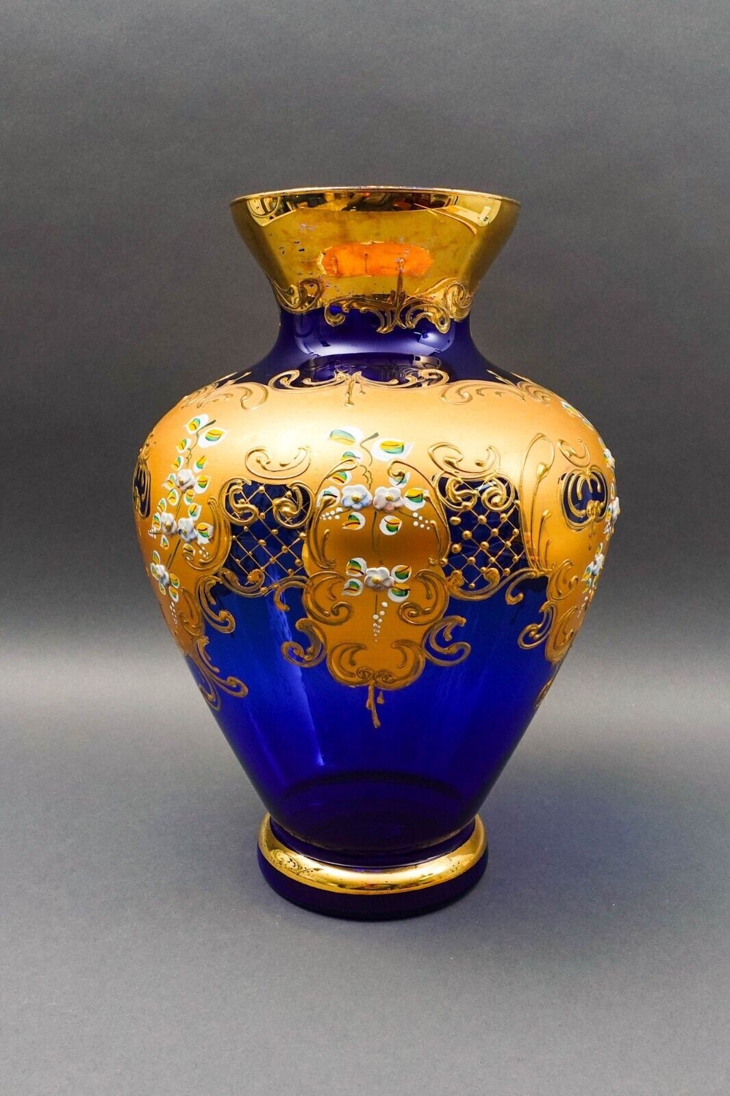 Tre Fuochi Italian Venetian Murano Glass Bohemian Cobalt Blue Gold Floral Vase
