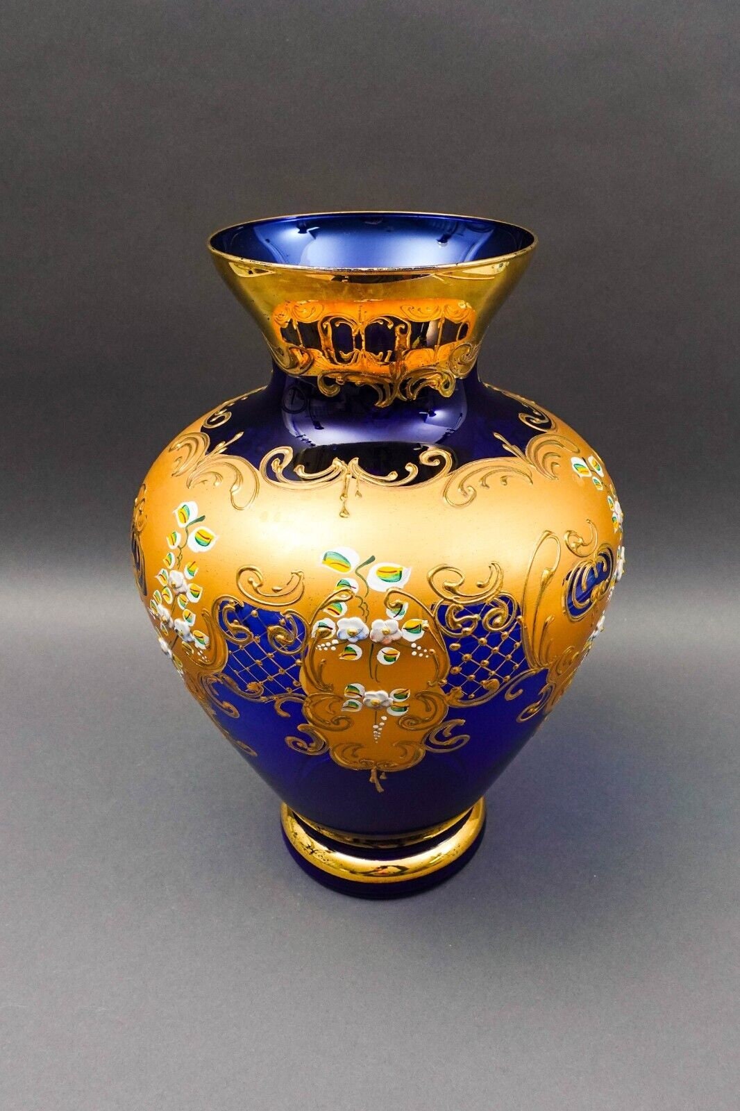 Tre Fuochi Italian Venetian Murano Glass Bohemian Cobalt Blue Gold Floral Vase