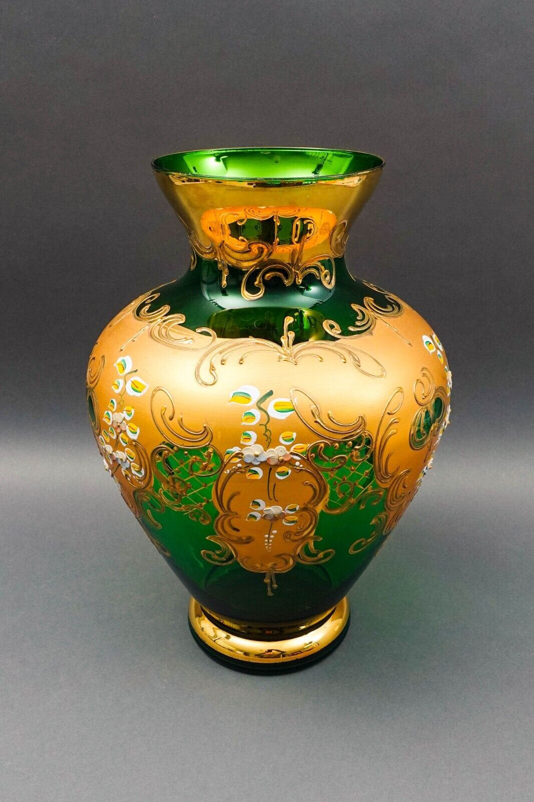Tre Fuochi Italian Venetian Murano Glass Bohemian Emerald Green Gold Floral Vase