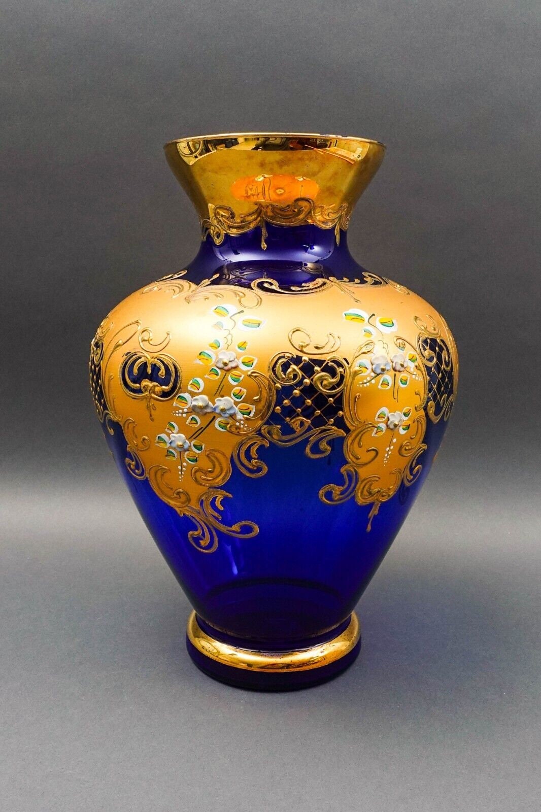 Tre Fuochi Italian Venetian Murano Glass Bohemian Cobalt Blue Gold Floral Vase